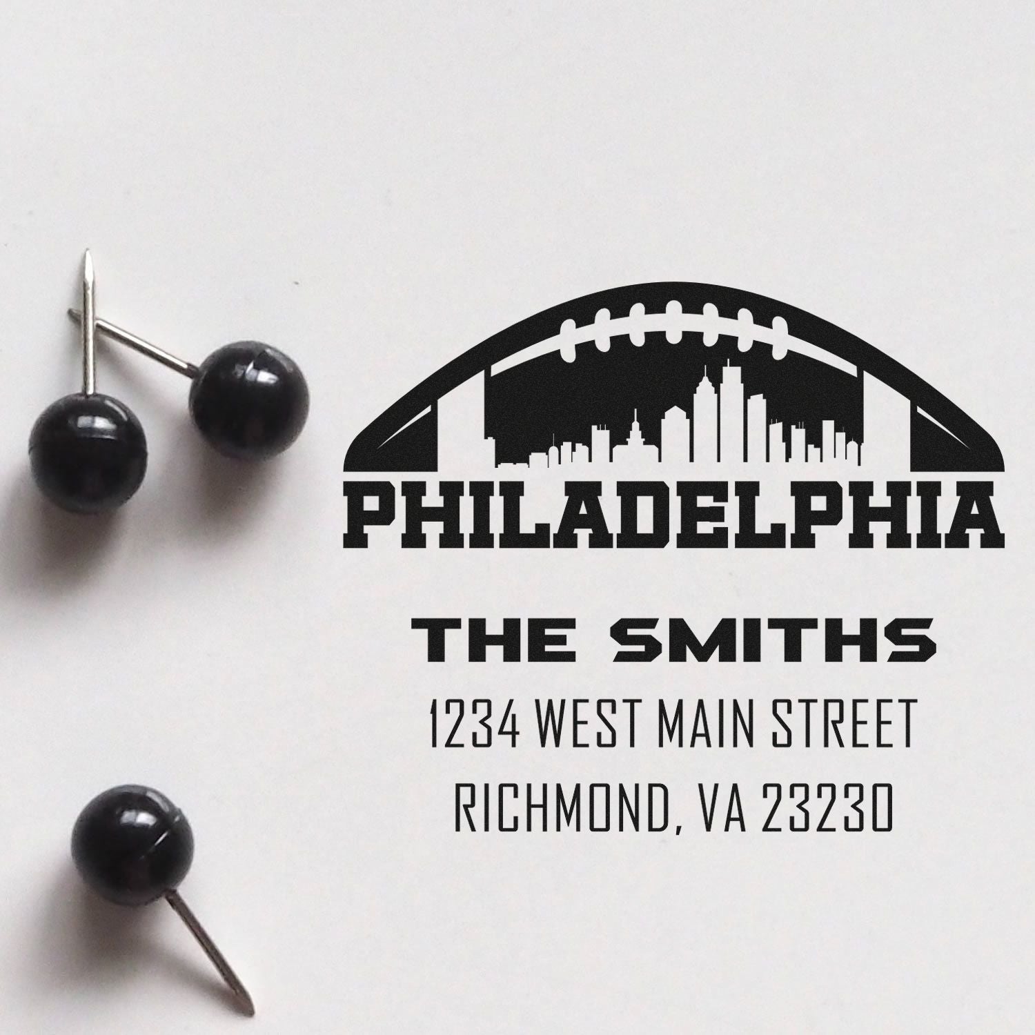 Personalized Philadelphia rubber address stamp with skyline football design and The Smiths return address