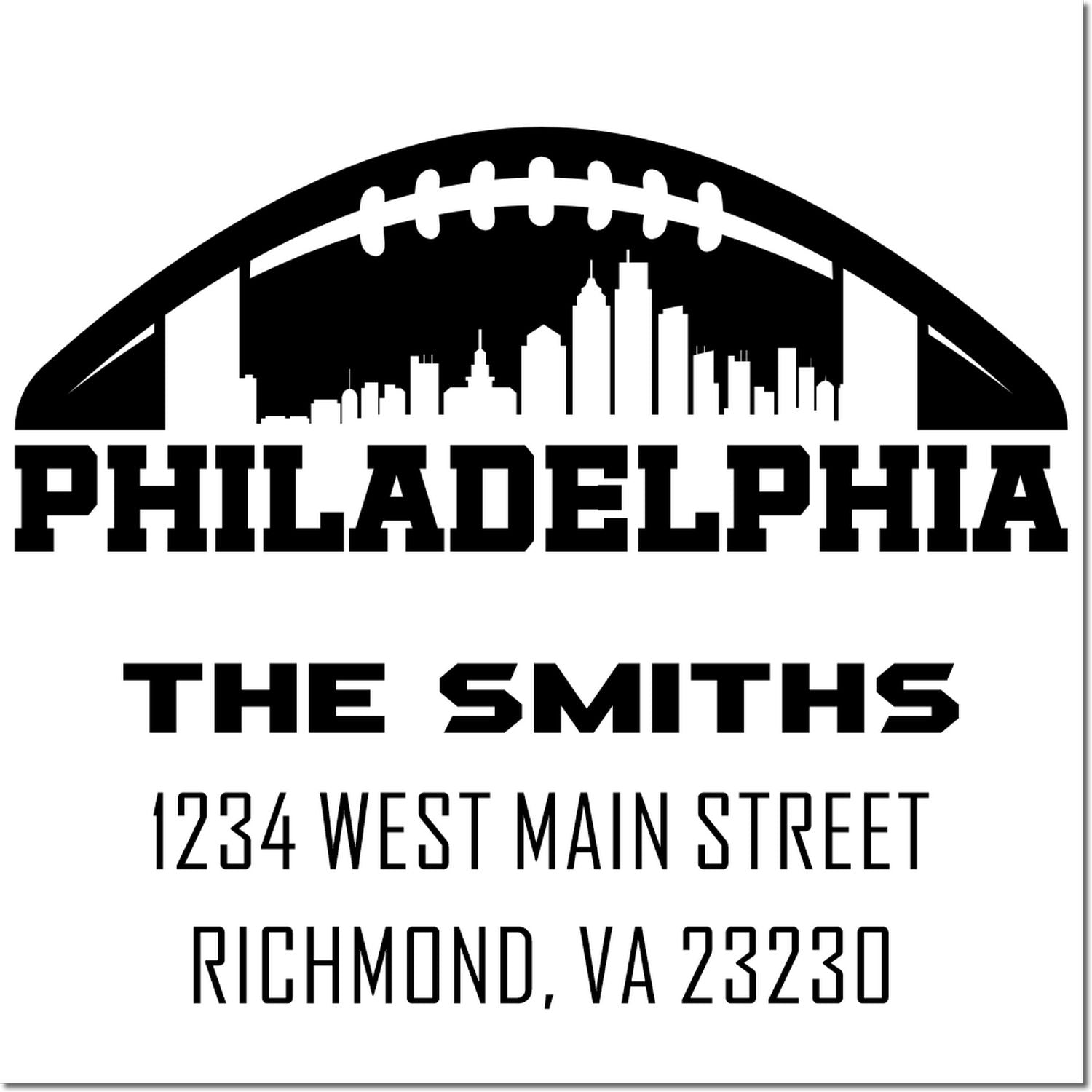 Philadelphia skyline football custom return address rubber stamp for The Smiths, 1234 West Main Street, Richmond, VA 23230.