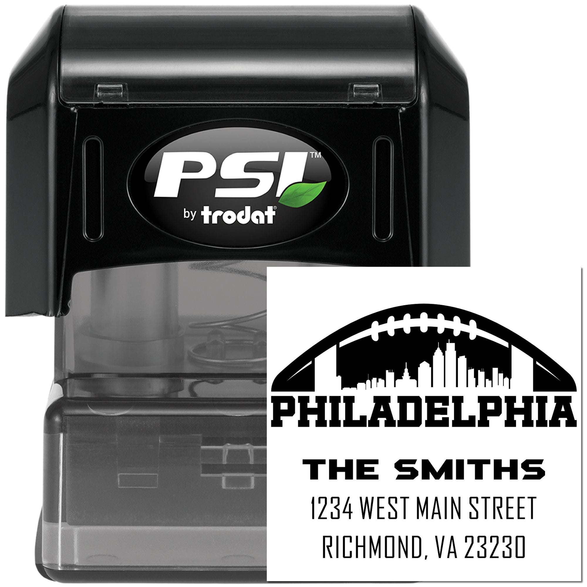 Custom self-inking rubber stamp with Philadelphia football family address design for mail, business branding, and crafts.