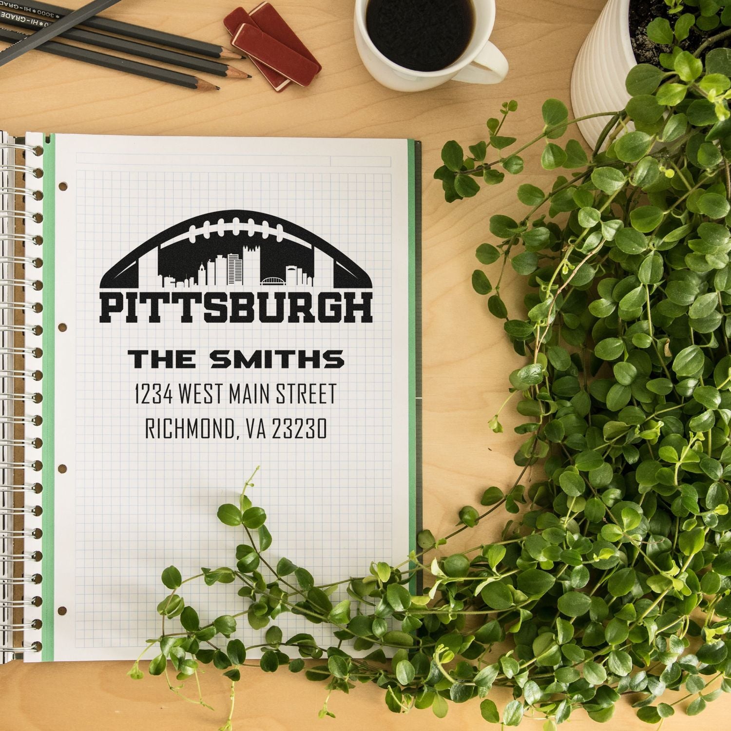 Custom Pittsburgh return address rubber stamp for The Smiths with skyline football design and address.