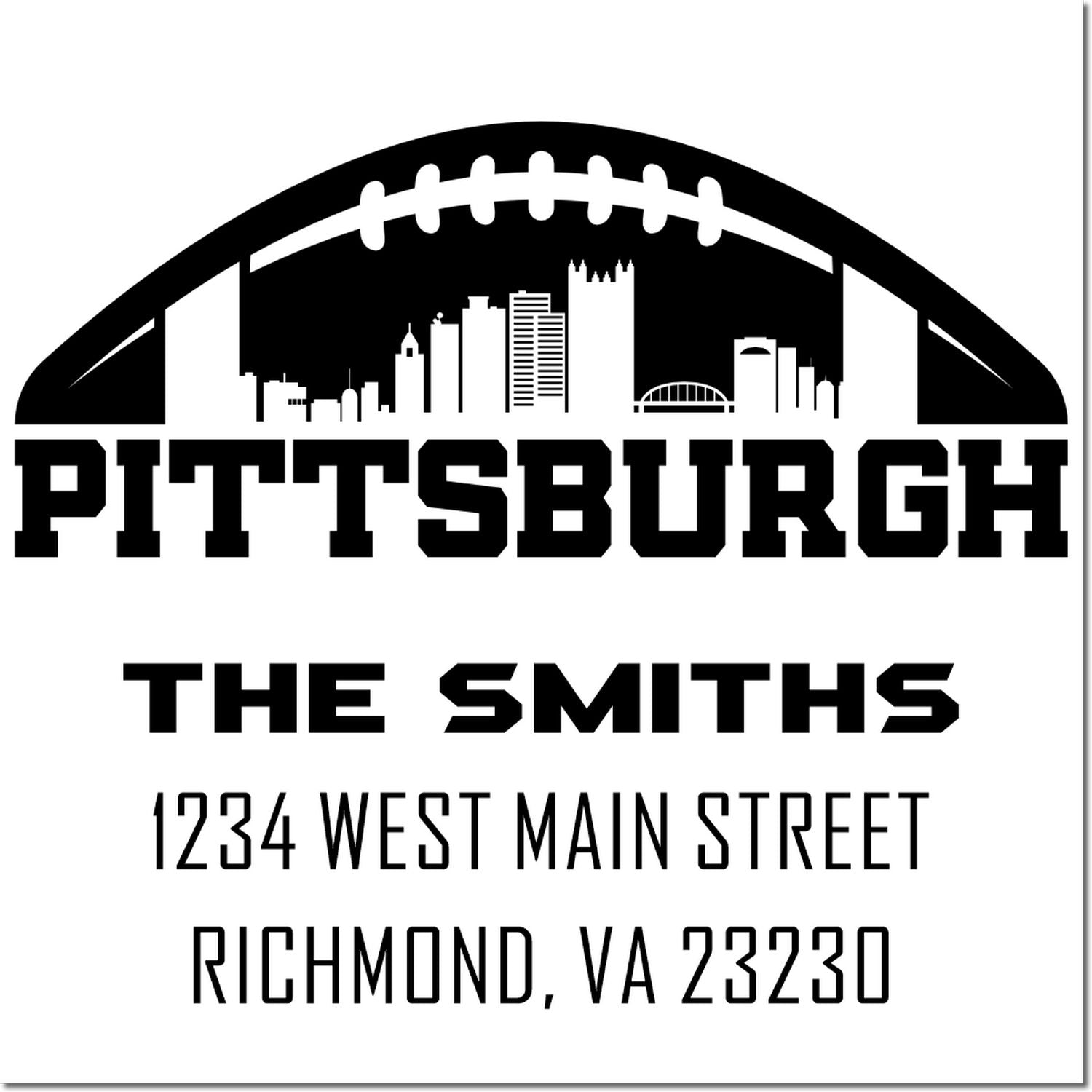 Custom Pittsburgh football address rubber stamp for The Smiths, featuring skyline design and Richmond, VA 23230 return address.