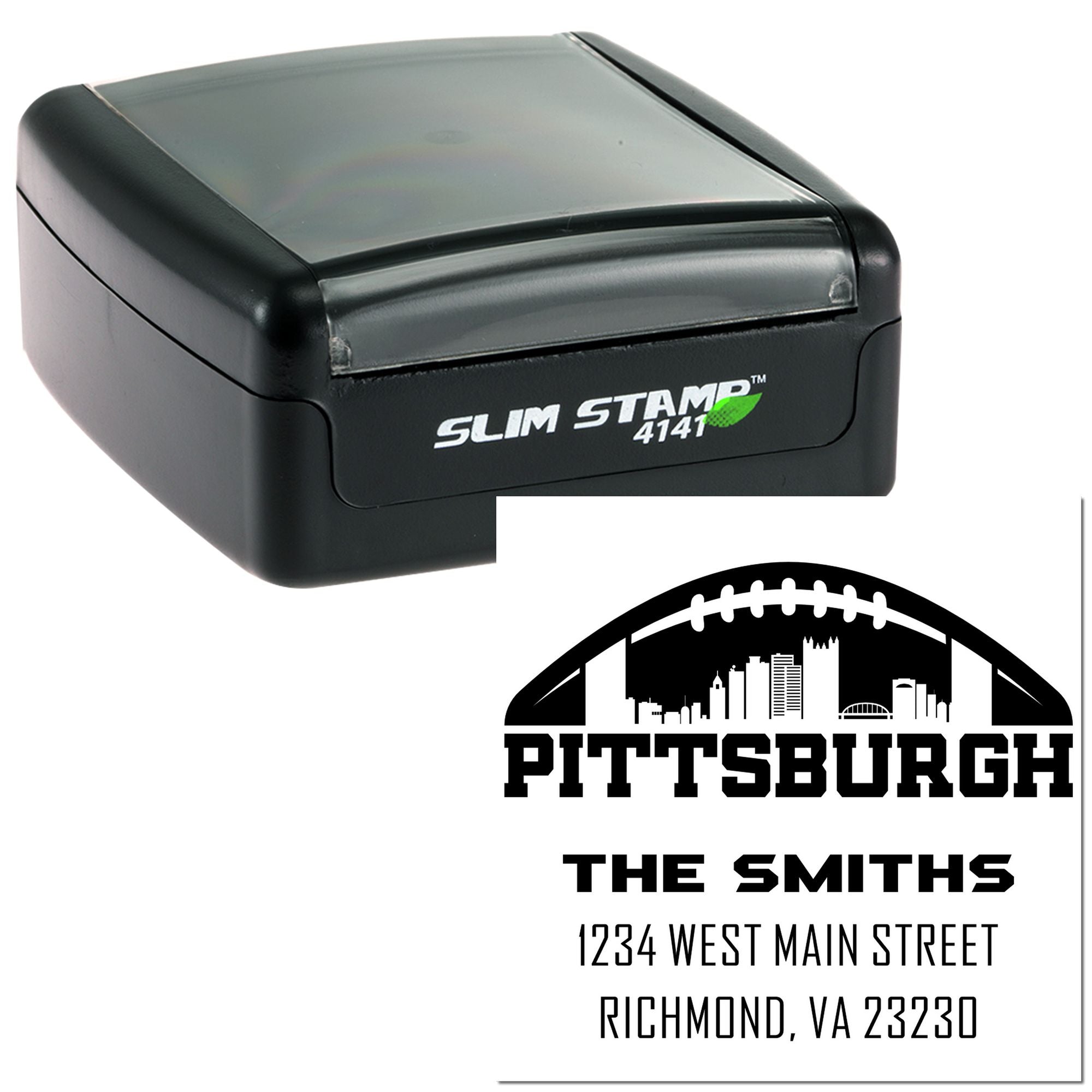 Slim self-inking custom rubber stamp with Pittsburgh skyline and The Smiths address imprint for personalized mailing.