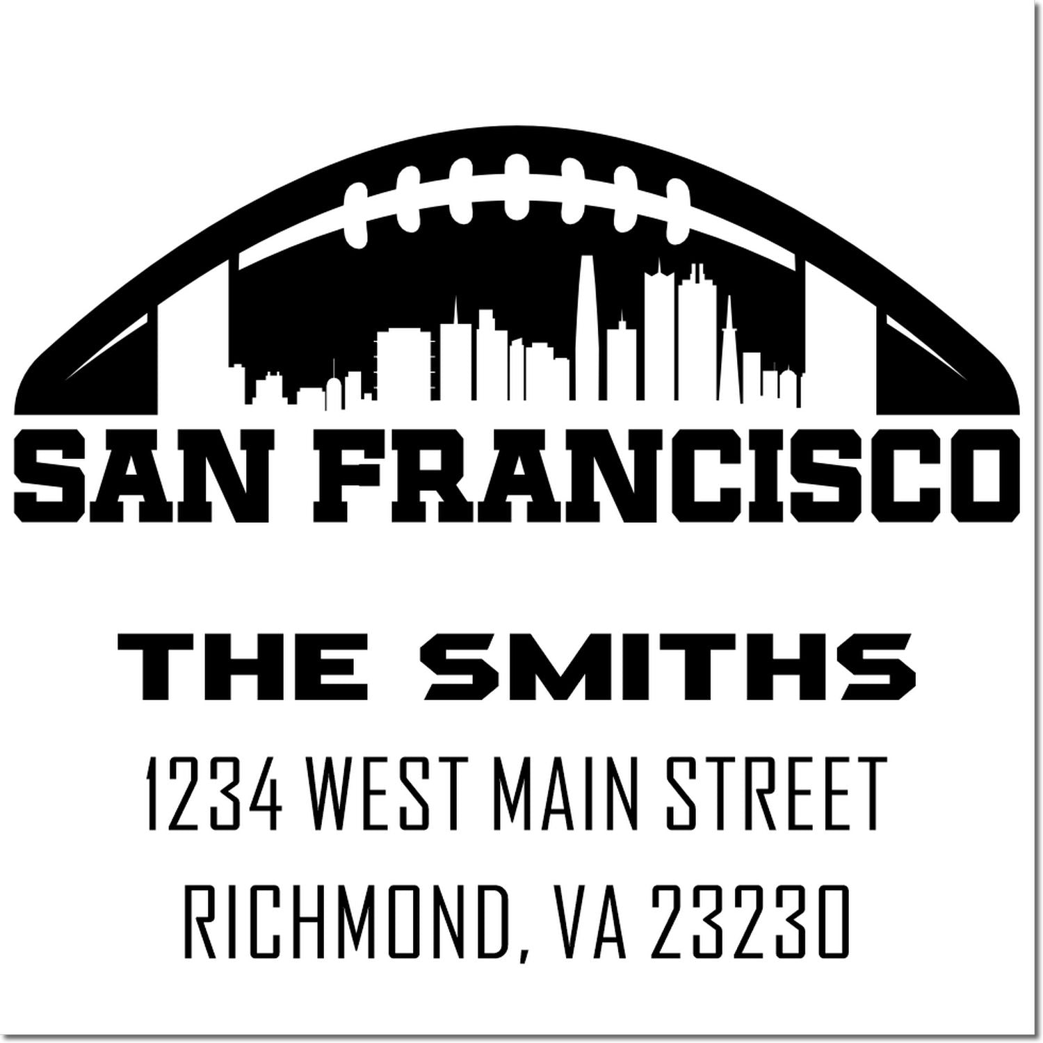 Custom San Francisco football skyline address stamp for The Smiths, featuring 1234 West Main Street, Richmond, VA 23230