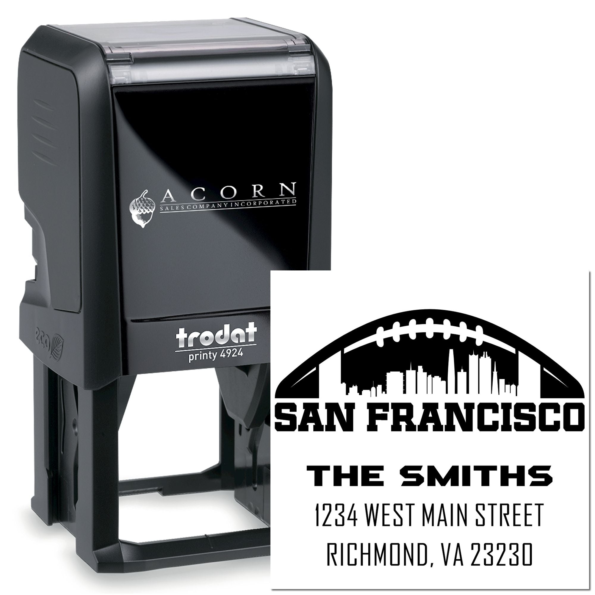 Custom self-inking rubber stamp with personalized San Francisco address design for The Smiths mailing and branding use