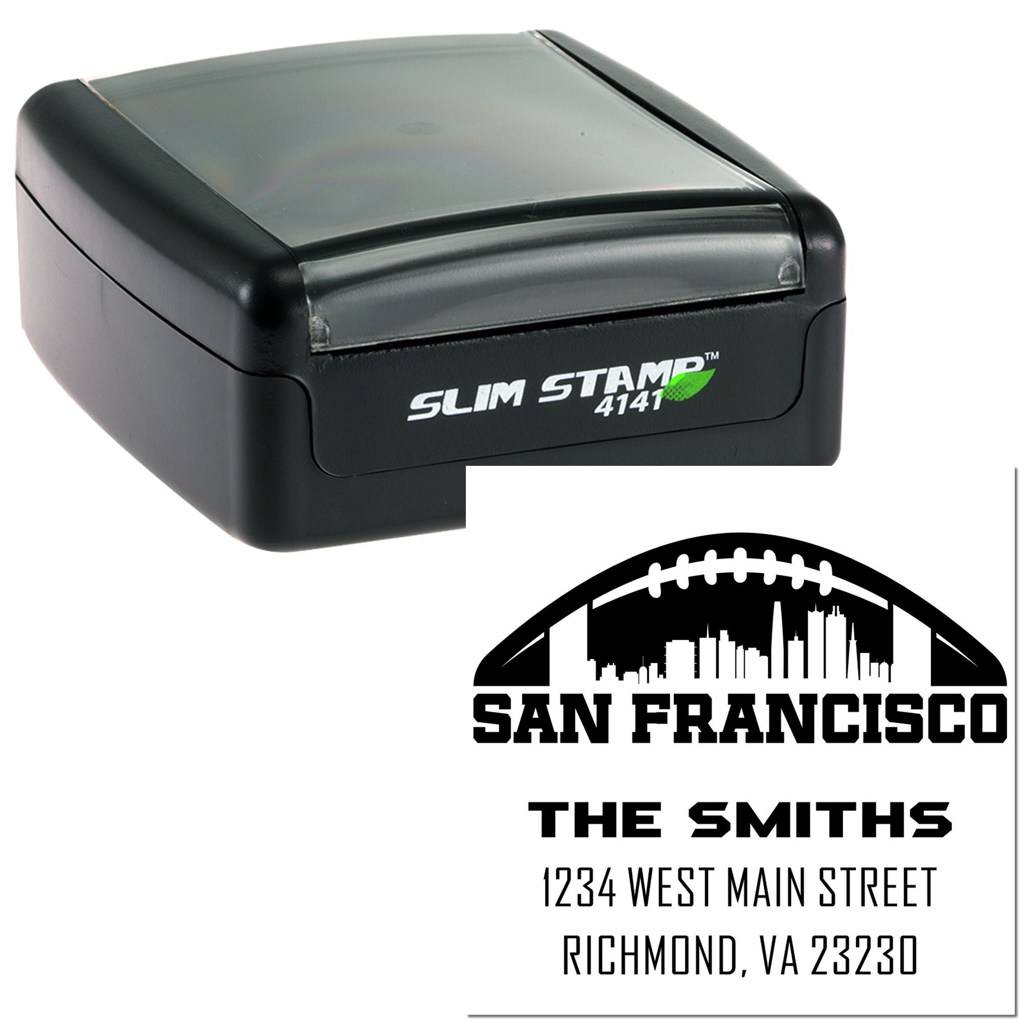 Slim Stamp 4141 custom rubber stamp with San Francisco football skyline design for The Smiths address imprint.