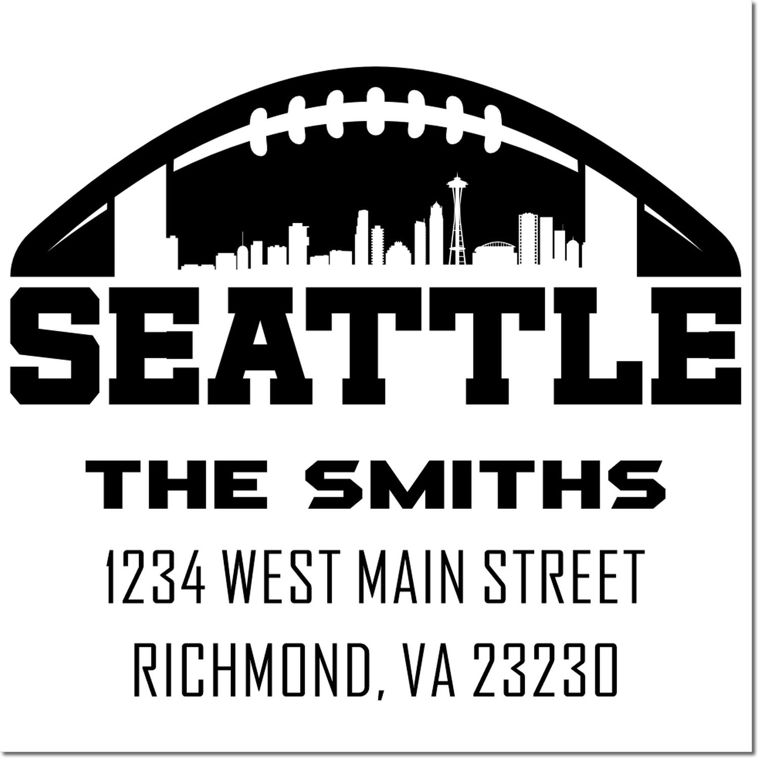 Seattle skyline football custom address rubber stamp for The Smiths, 1234 West Main Street, Richmond, VA 23230