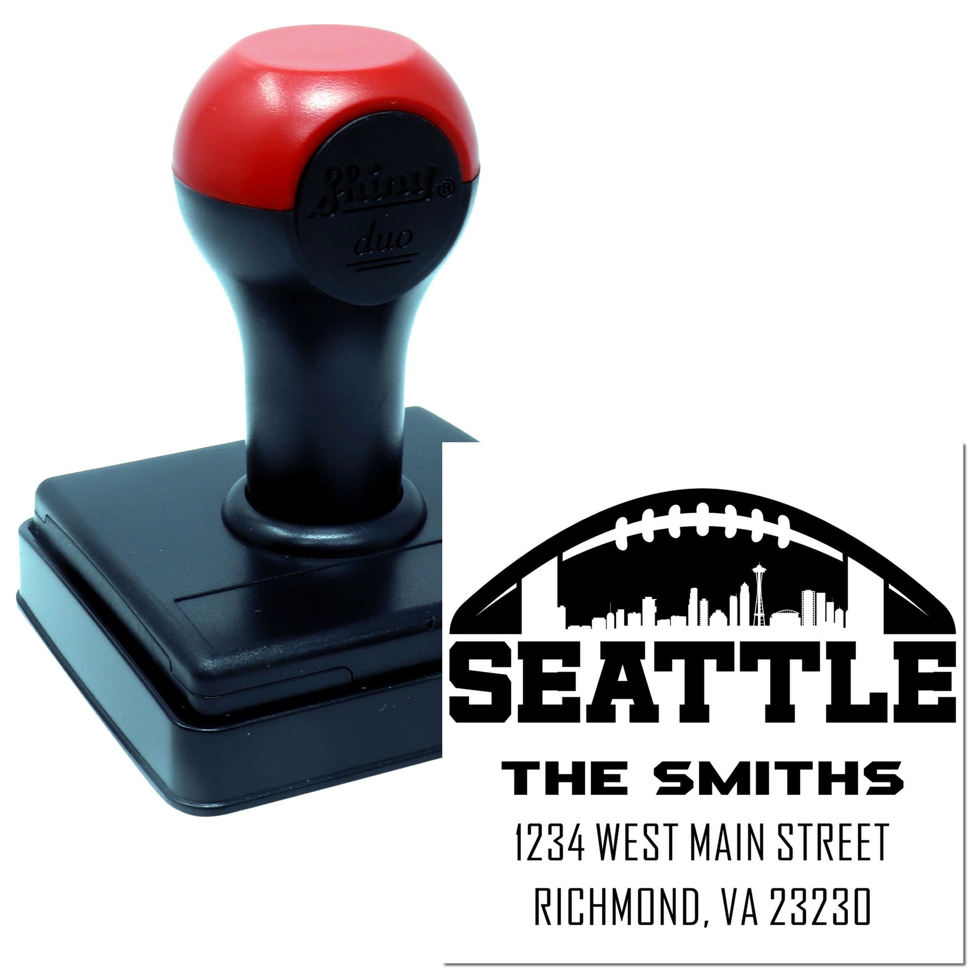 Custom self-inking rubber stamp with Seattle address imprint for The Smiths, featuring skyline and football design.