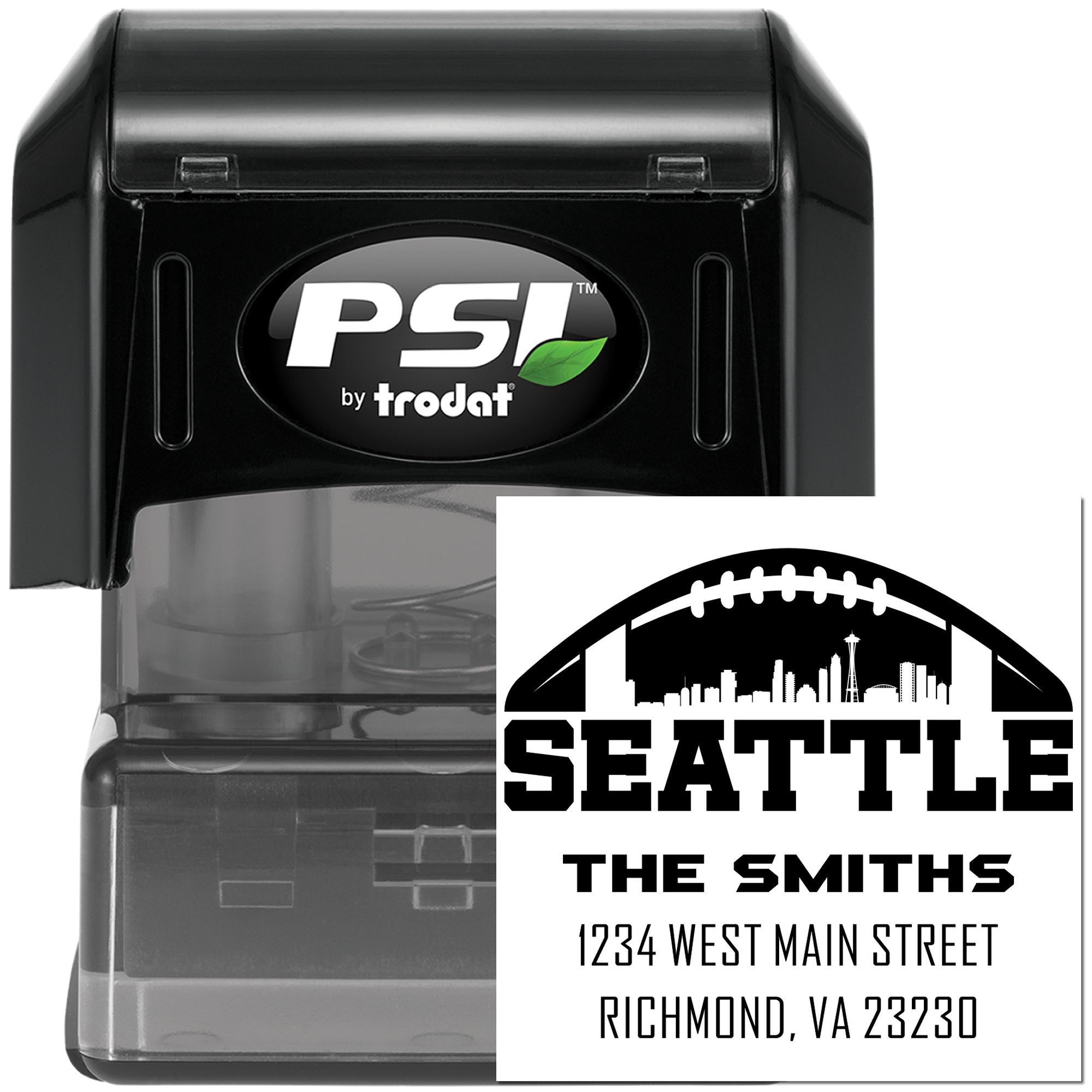 Custom self-inking rubber address stamp with Seattle skyline for The Smiths, 1234 West Main Street, Richmond, VA.