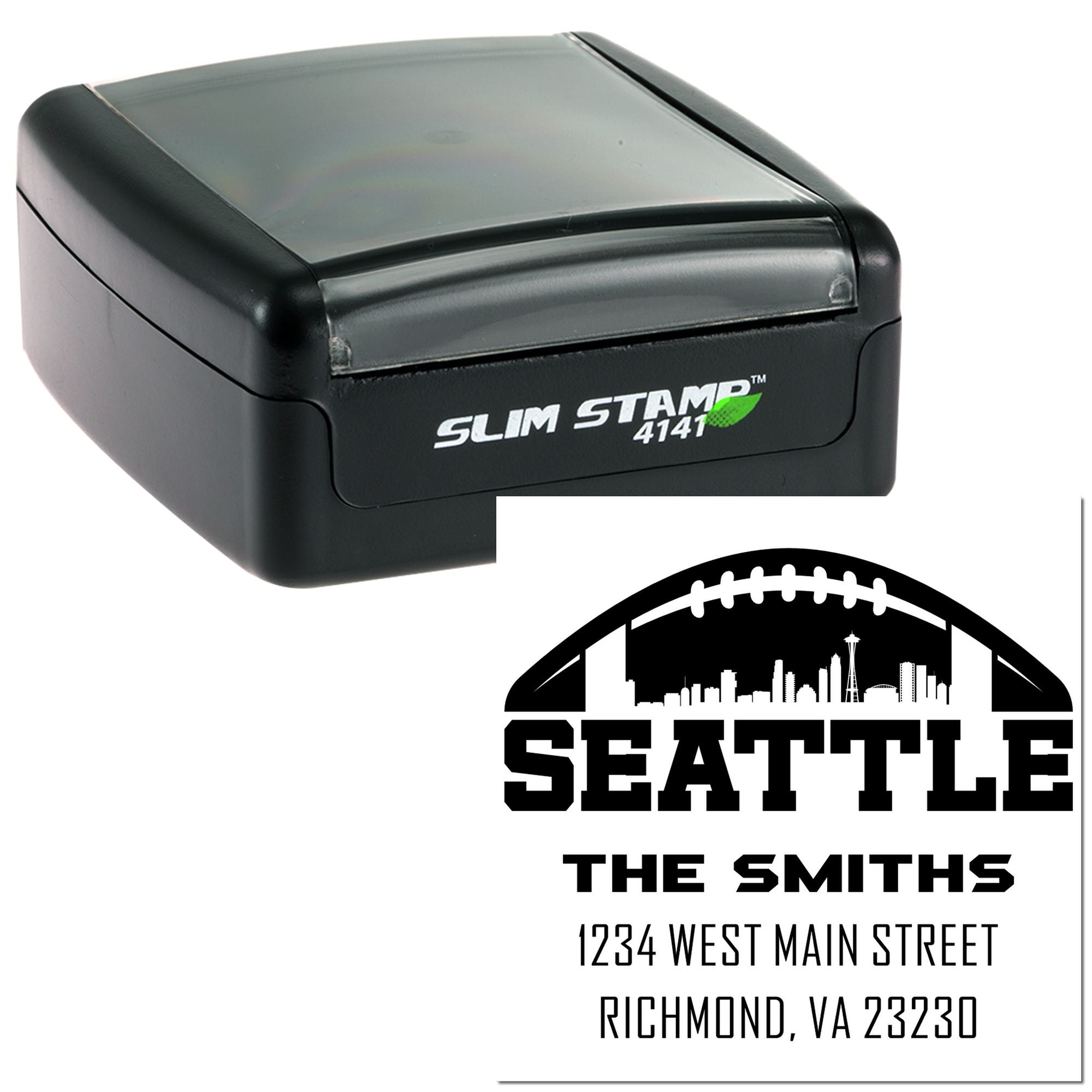 Custom Seattle football-themed address rubber stamp with Slim Stamp case for The Smiths, Richmond, VA 23230.