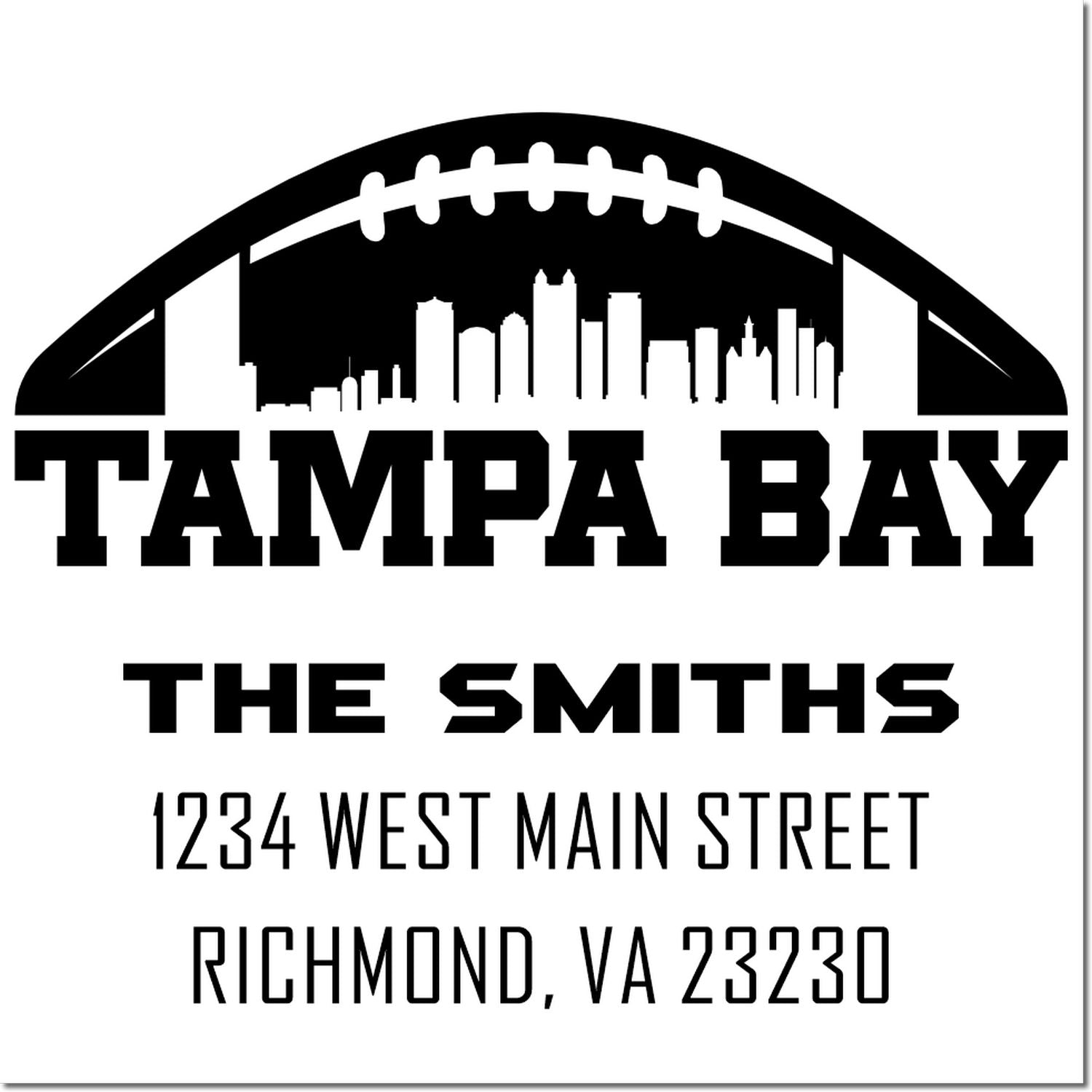 Custom Tampa Bay rubber stamp with football arch and skyline, plus The Smiths address: 1234 West Main Street, Richmond, VA 23230