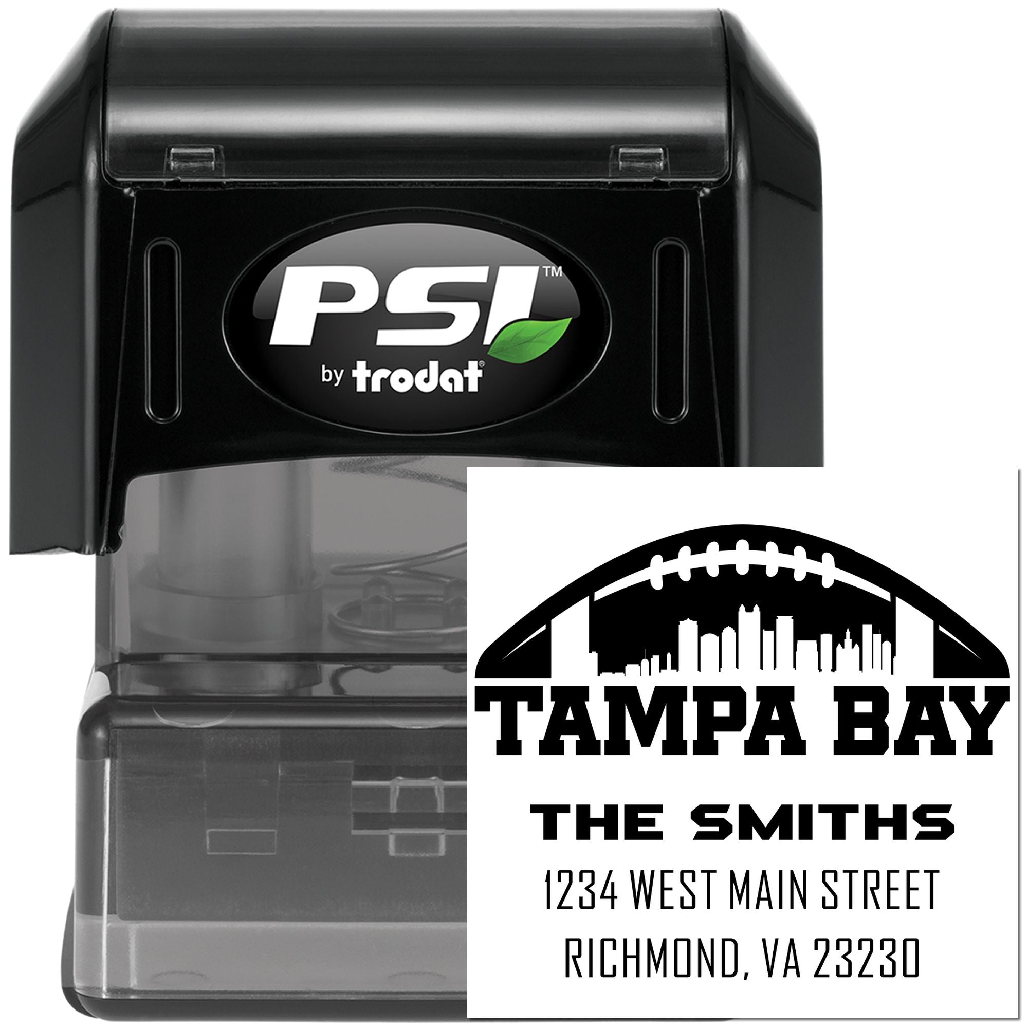Personalized self-inking address stamp by PSI Trodat with Tampa Bay skyline and custom business address imprint.