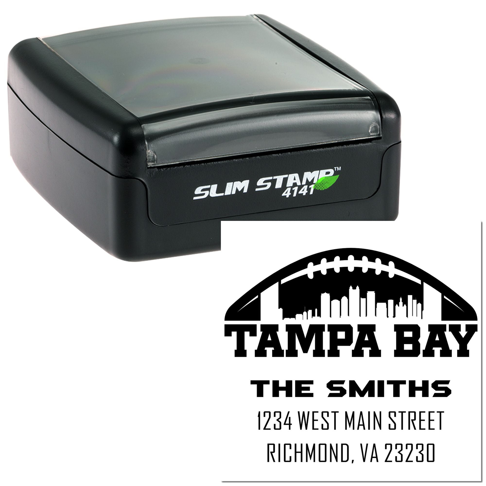 Slim self-inking rubber stamp with custom Tampa Bay skyline address imprint for business mailing.
