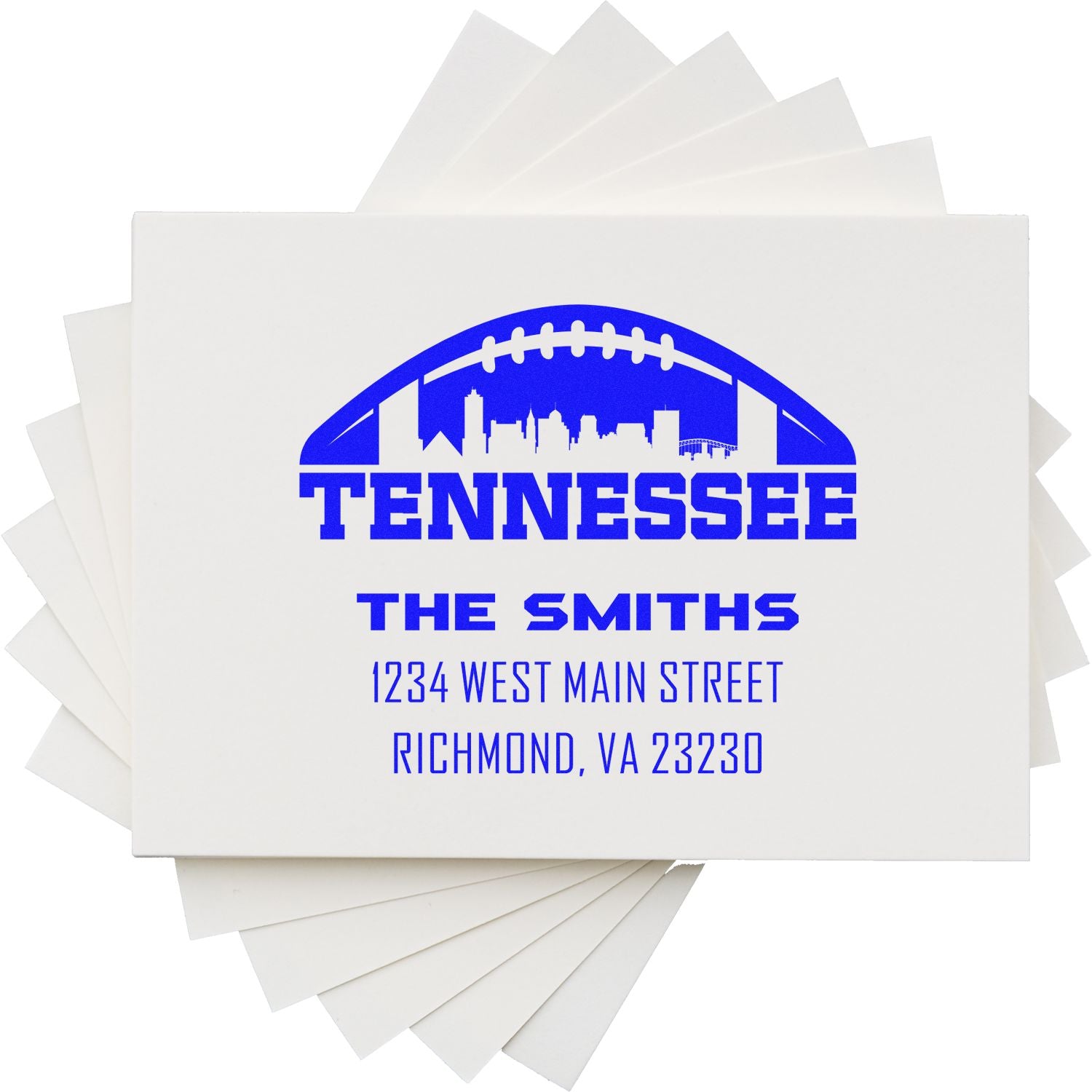 Custom Tennessee football return address rubber stamp for The Smiths, with skyline and Richmond, VA address.