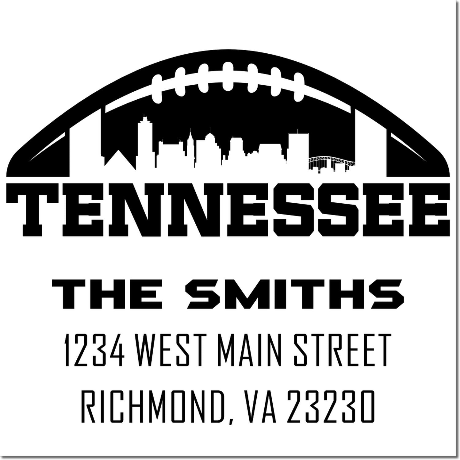 Custom Tennessee return address rubber stamp with football skyline, The Smiths, and Richmond, VA address.