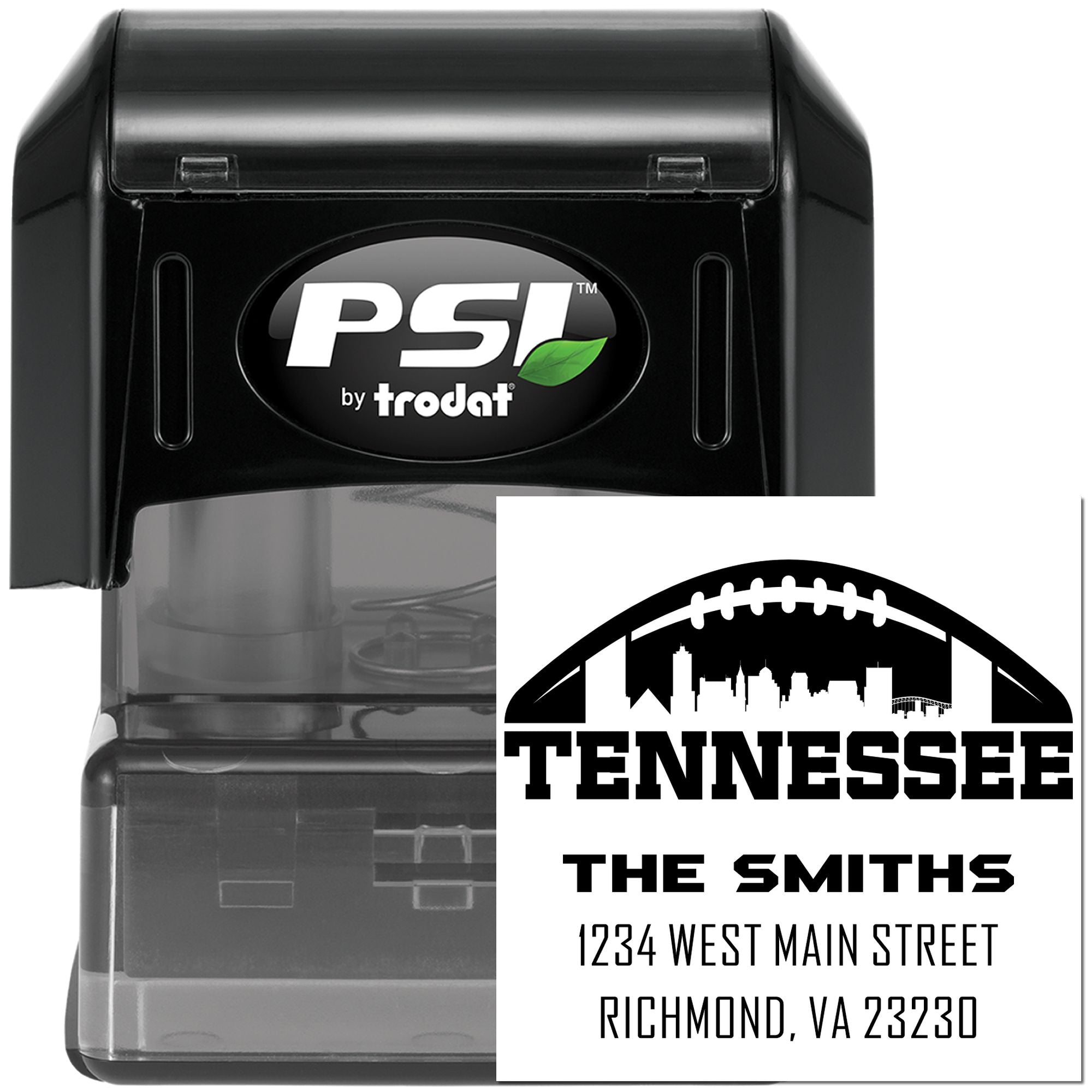 Custom Tennessee rubber address stamp by PSI by Trodat for The Smiths with skyline and return address.