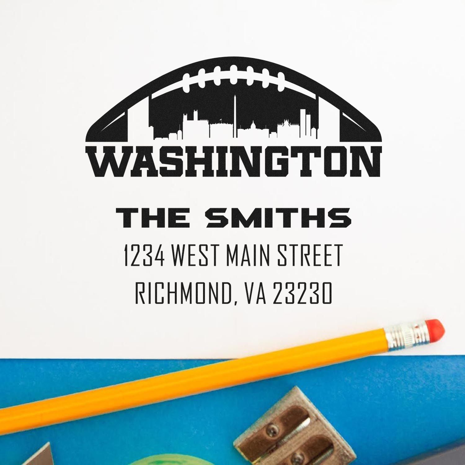 Personalized football rubber stamp for The Smiths, featuring Washington skyline, name, and Richmond, VA return address.