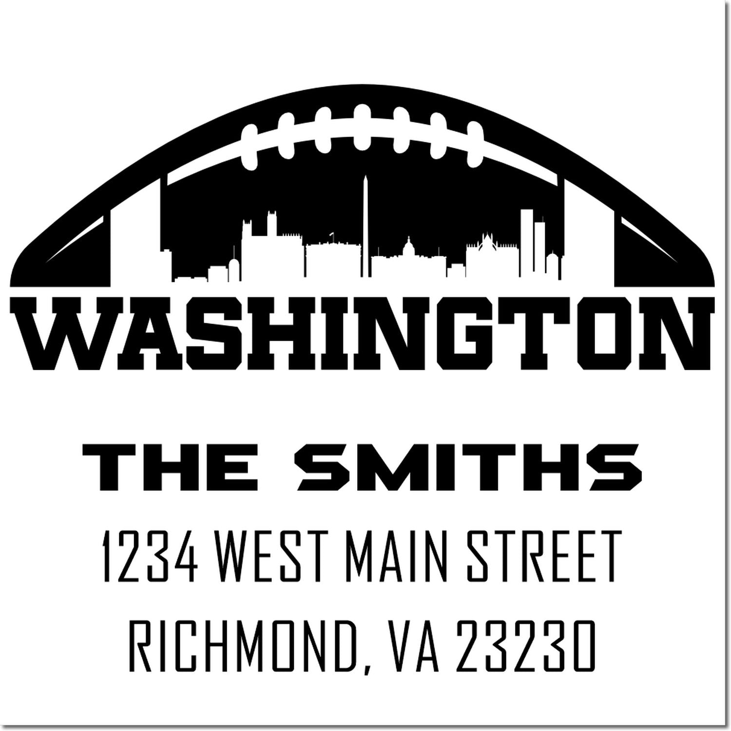 Custom Washington football address rubber stamp for The Smiths, 1234 West Main Street, Richmond, VA 23230.