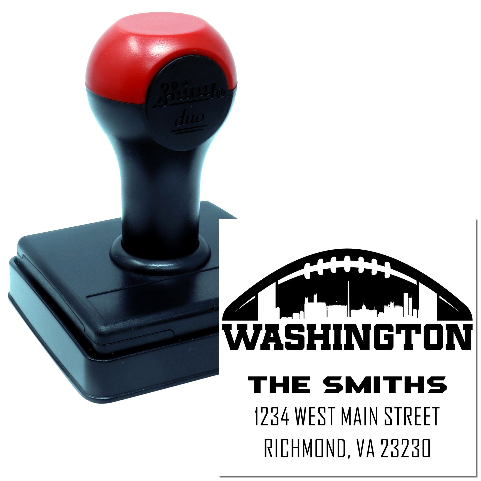 Custom self-inking rubber stamp with Washington skyline and The Smiths address for mailing and branding.