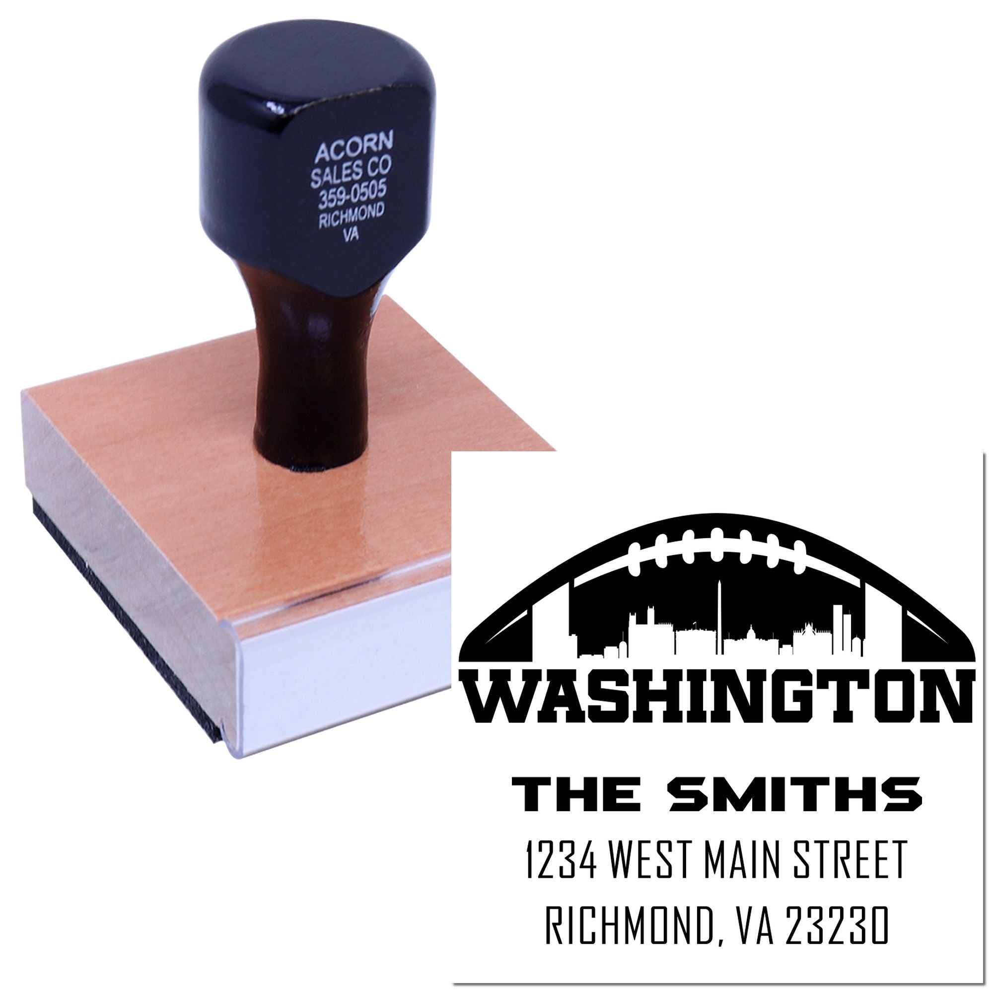 Personalized rubber address stamp with Washington skyline football design and The Smiths return address.