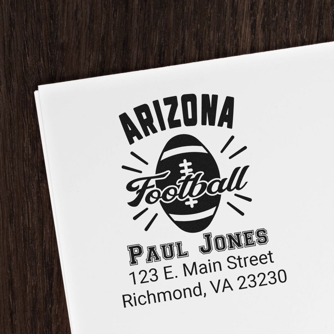 Custom Arizona Football rubber stamp for Paul Jones with 123 E. Main St. address, Richmond, VA, for mailing or branding.