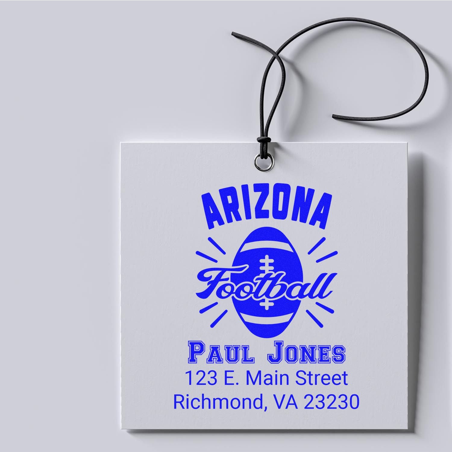 Custom rubber stamp design for Arizona Football, featuring Paul Jones name and Richmond, VA return address.