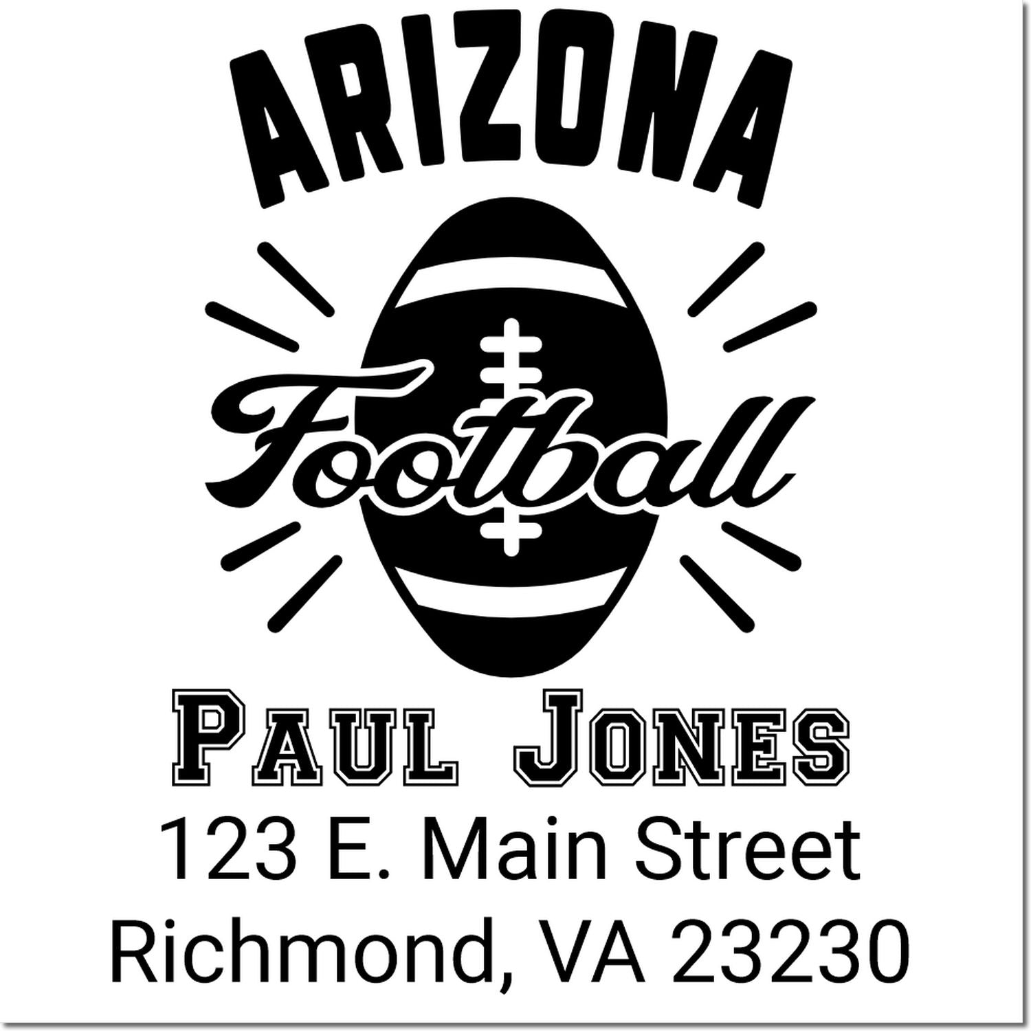 Custom Arizona Football rubber stamp with football graphic, Paul Jones name, and Richmond, VA 23230 return address.