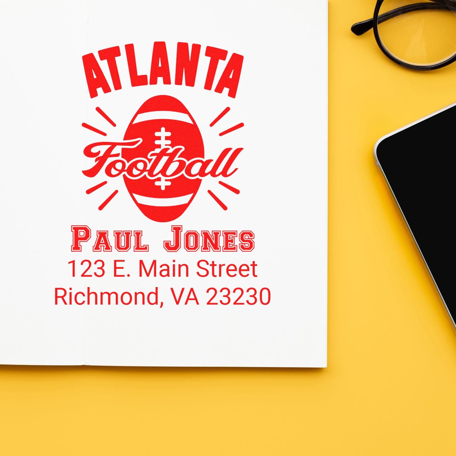 Custom Atlanta football rubber stamp with name and address for personalized sports stationery and fan branding.