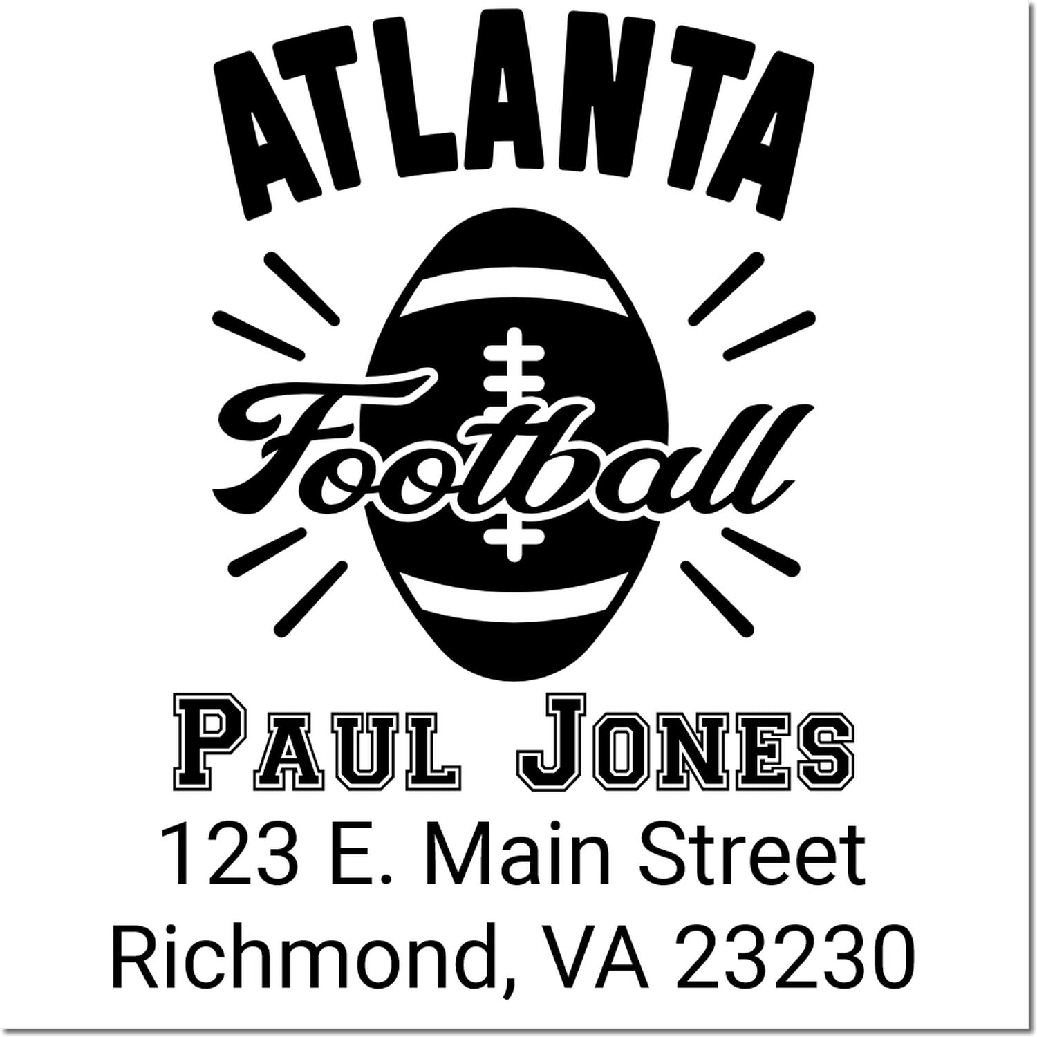 Custom Atlanta Football rubber stamp with Paul Jones name and Richmond, VA address for sports mailings.