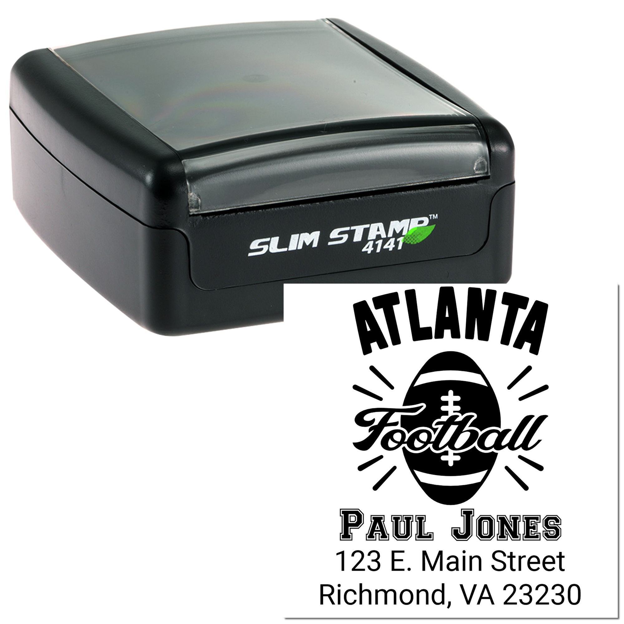 Slim Stamp 4141 custom self-inking rubber stamp with Atlanta Football design, Paul Jones name, and Richmond, VA address