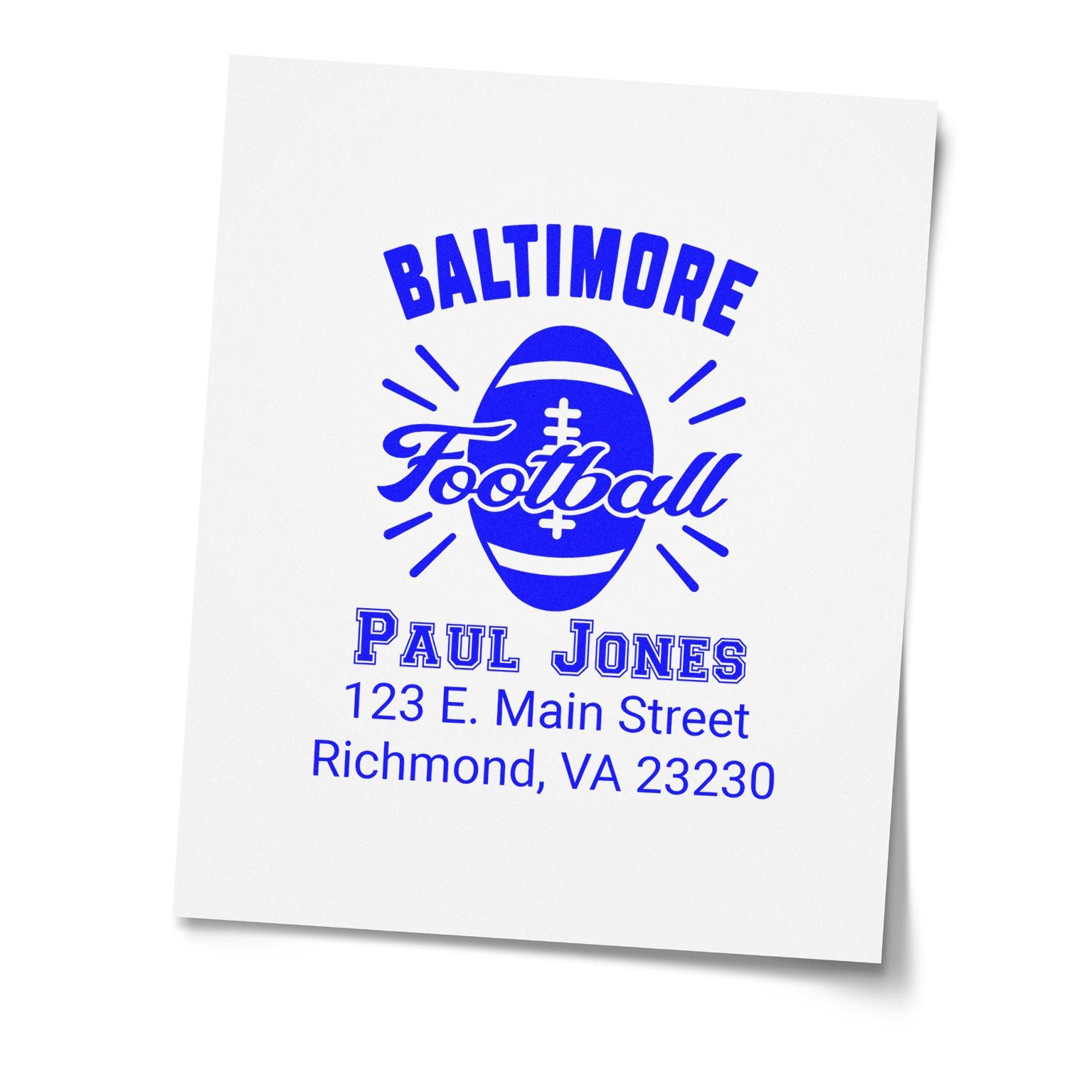 Custom Baltimore Football rubber stamp design with Paul Jones name and Richmond, VA address for branding and mail use.
