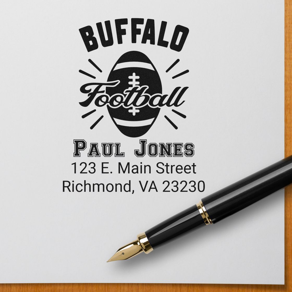 Custom Buffalo football rubber stamp with Paul Jones name and Richmond, VA address for personalized stationery and mail.