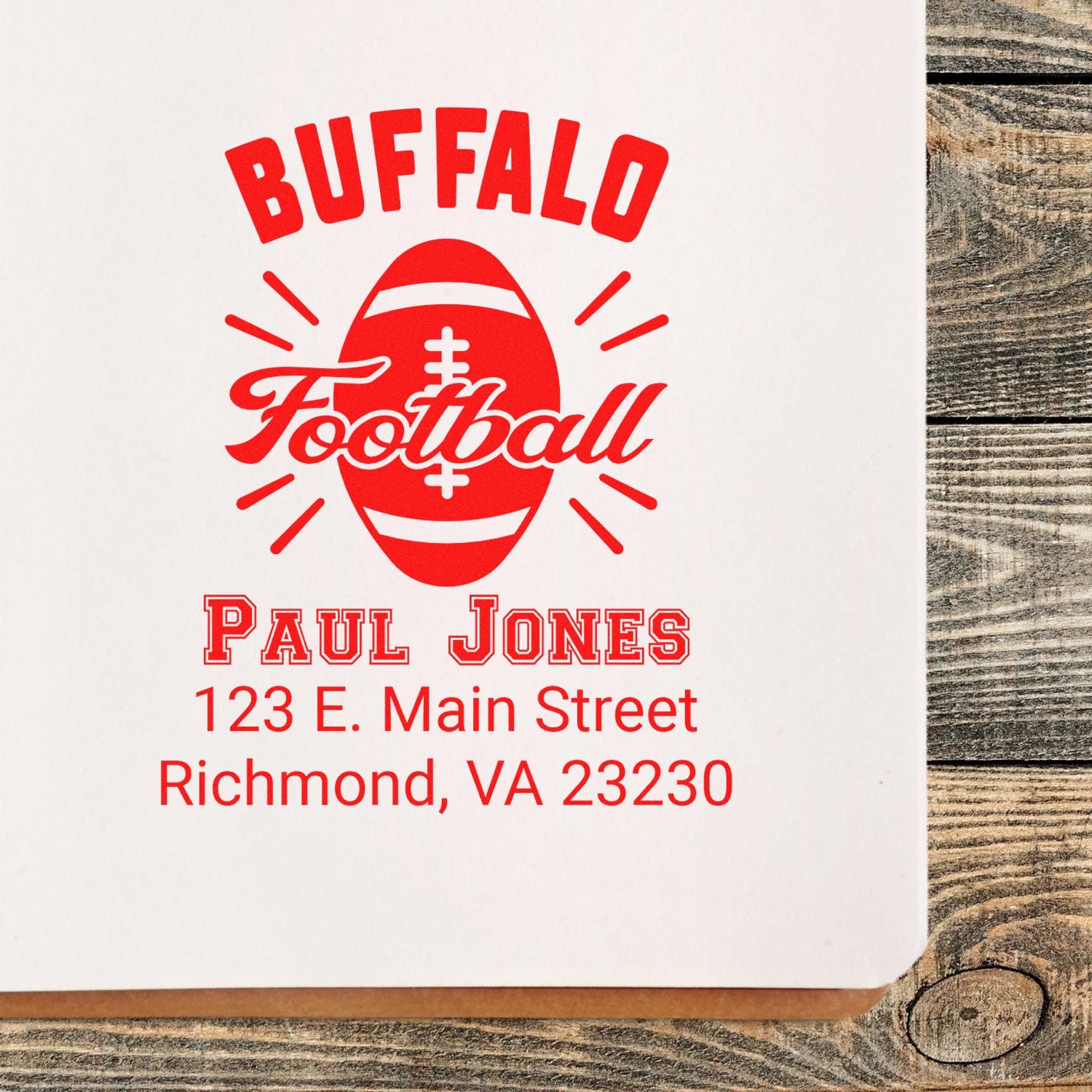 Custom Buffalo Football return address rubber stamp for Paul Jones, Richmond, VA 23230.