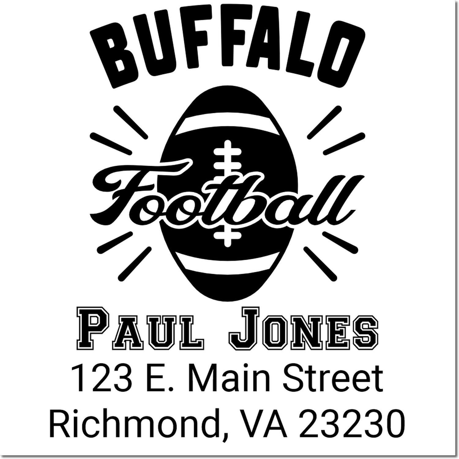 Custom Buffalo Football rubber stamp for Paul Jones, Richmond VA 23230, with football graphic and address.
