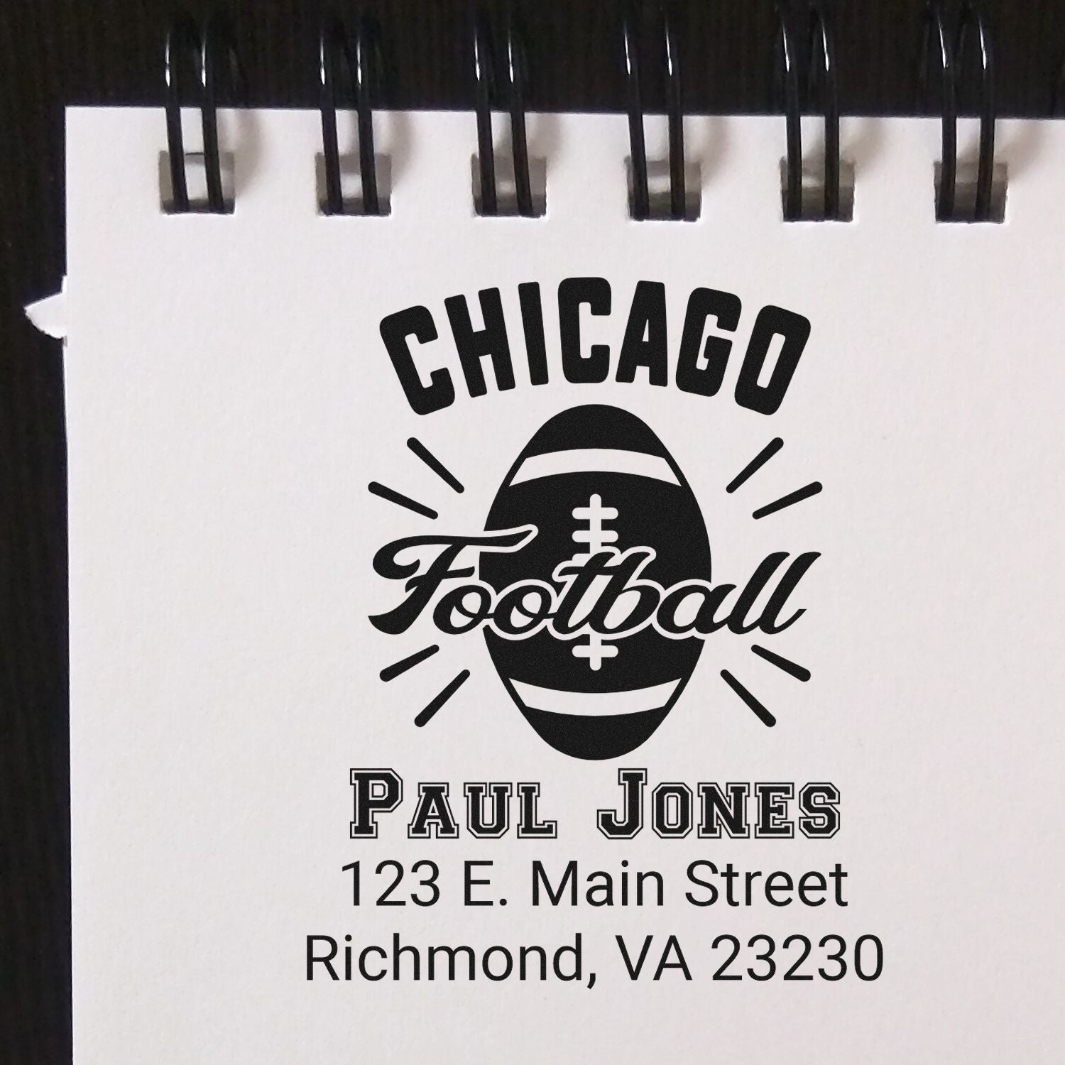 Personalized Chicago Football rubber stamp with Paul Jones name and Richmond, VA return address.