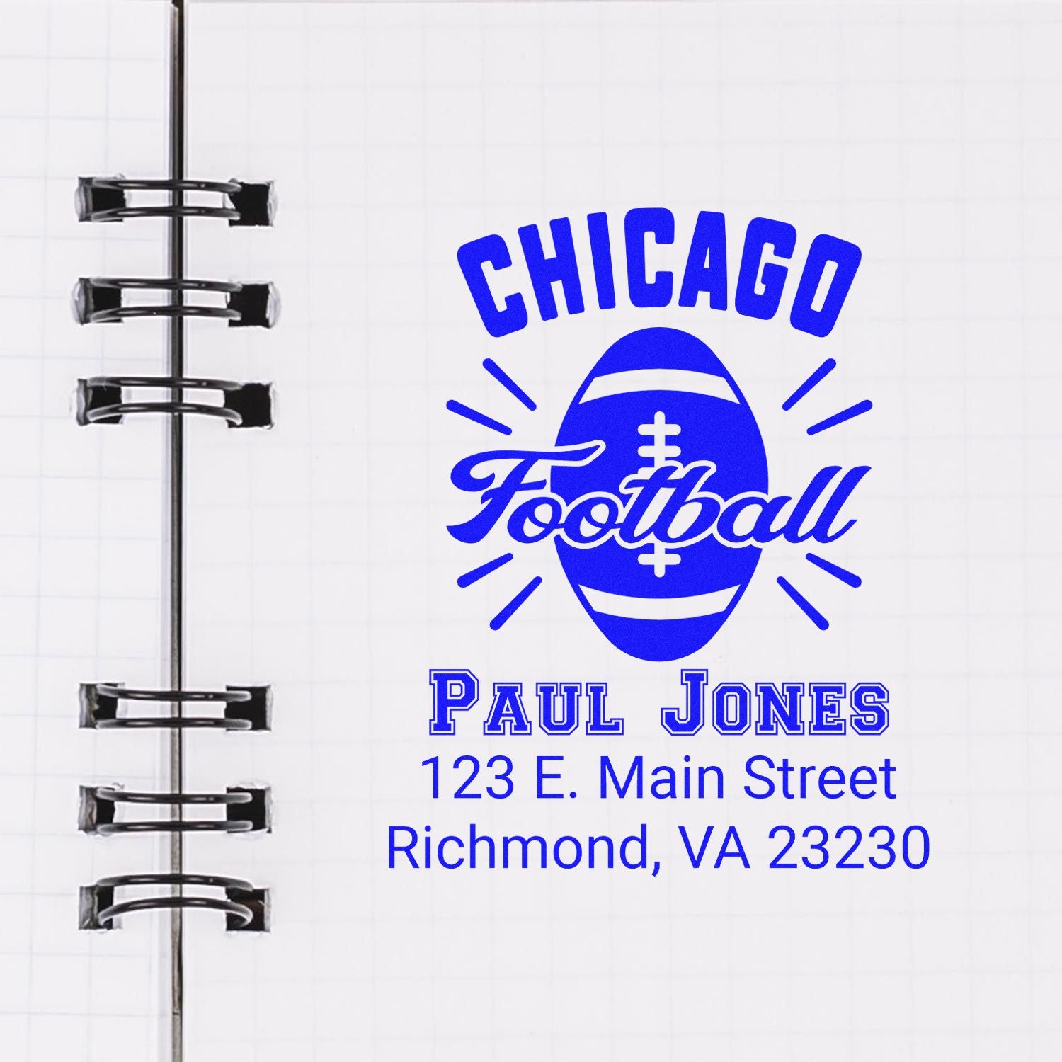 Custom Chicago Football rubber stamp design with Paul Jones name and Richmond, VA address on notebook page