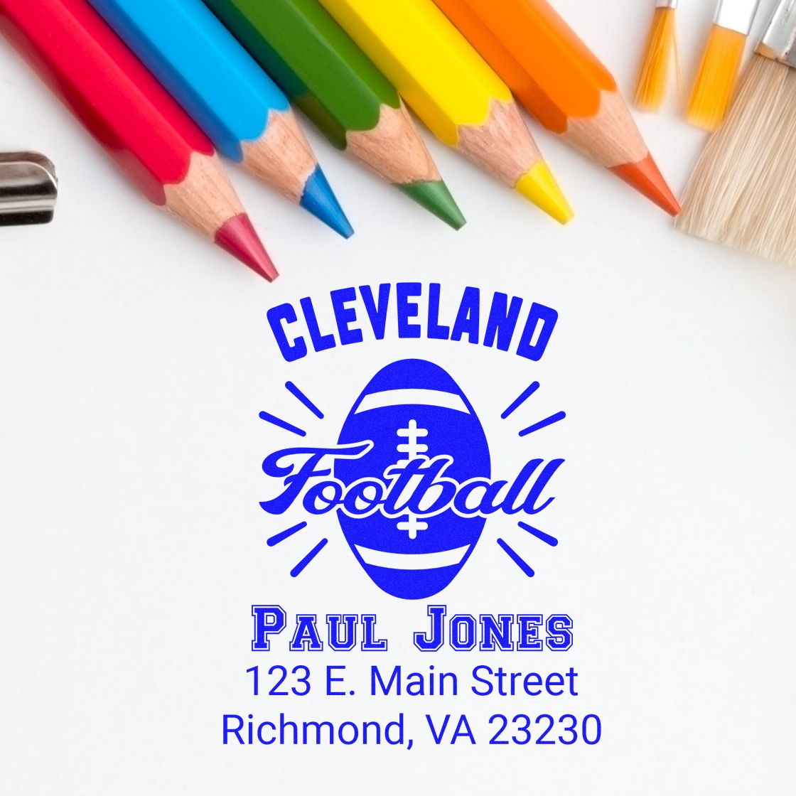 Custom Cleveland football rubber stamp with Paul Jones name and Richmond, VA address in bold blue logo style.