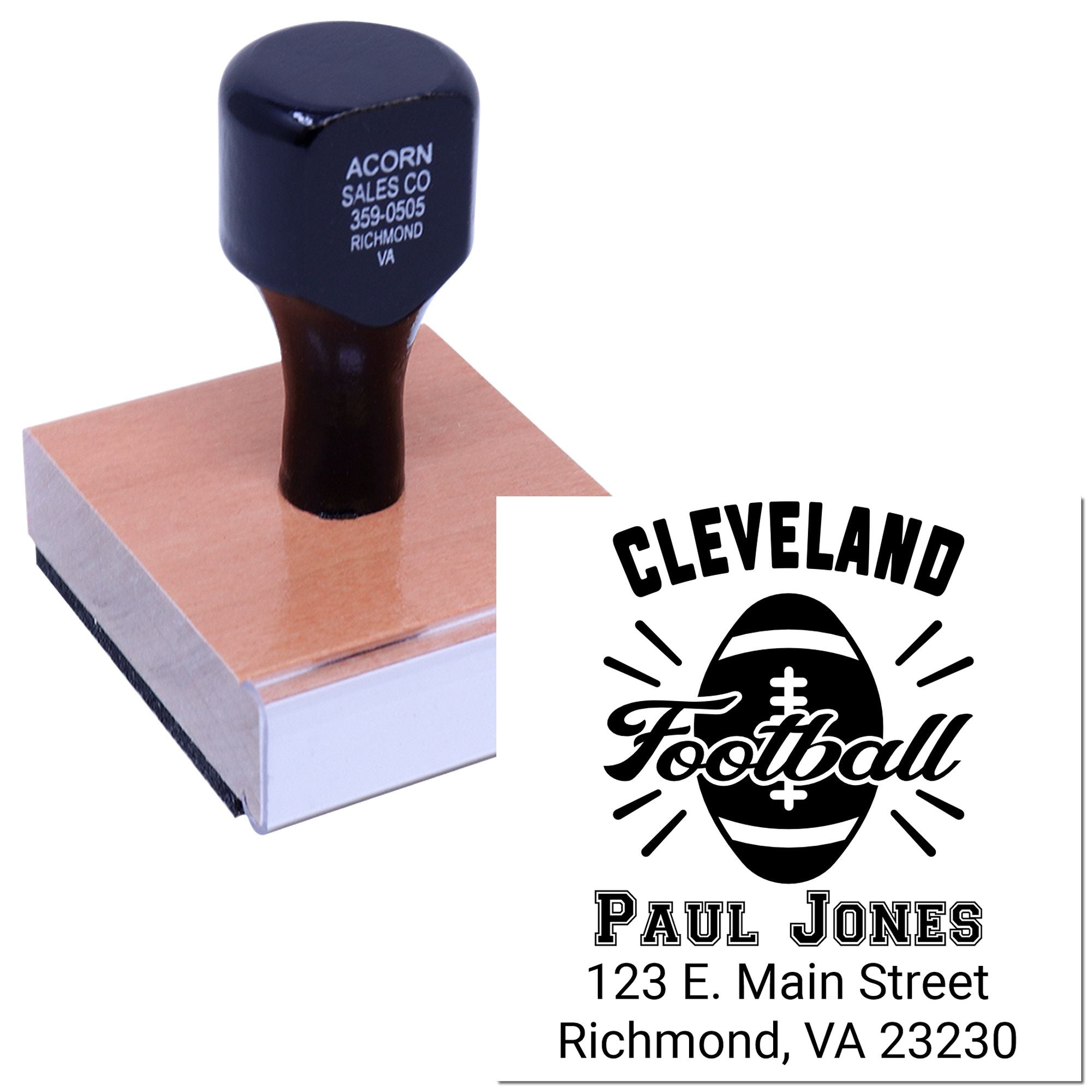 Custom rubber stamp featuring Cleveland Football logo, Paul Jones, and Richmond, VA address for personalized branding.