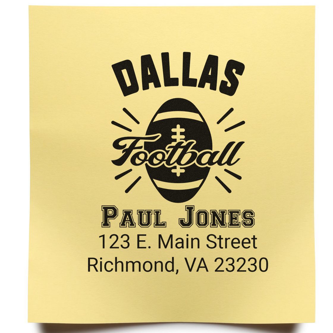 Custom Dallas Football return address rubber stamp for Paul Jones, Richmond VA, ideal for sports mail and packaging.
