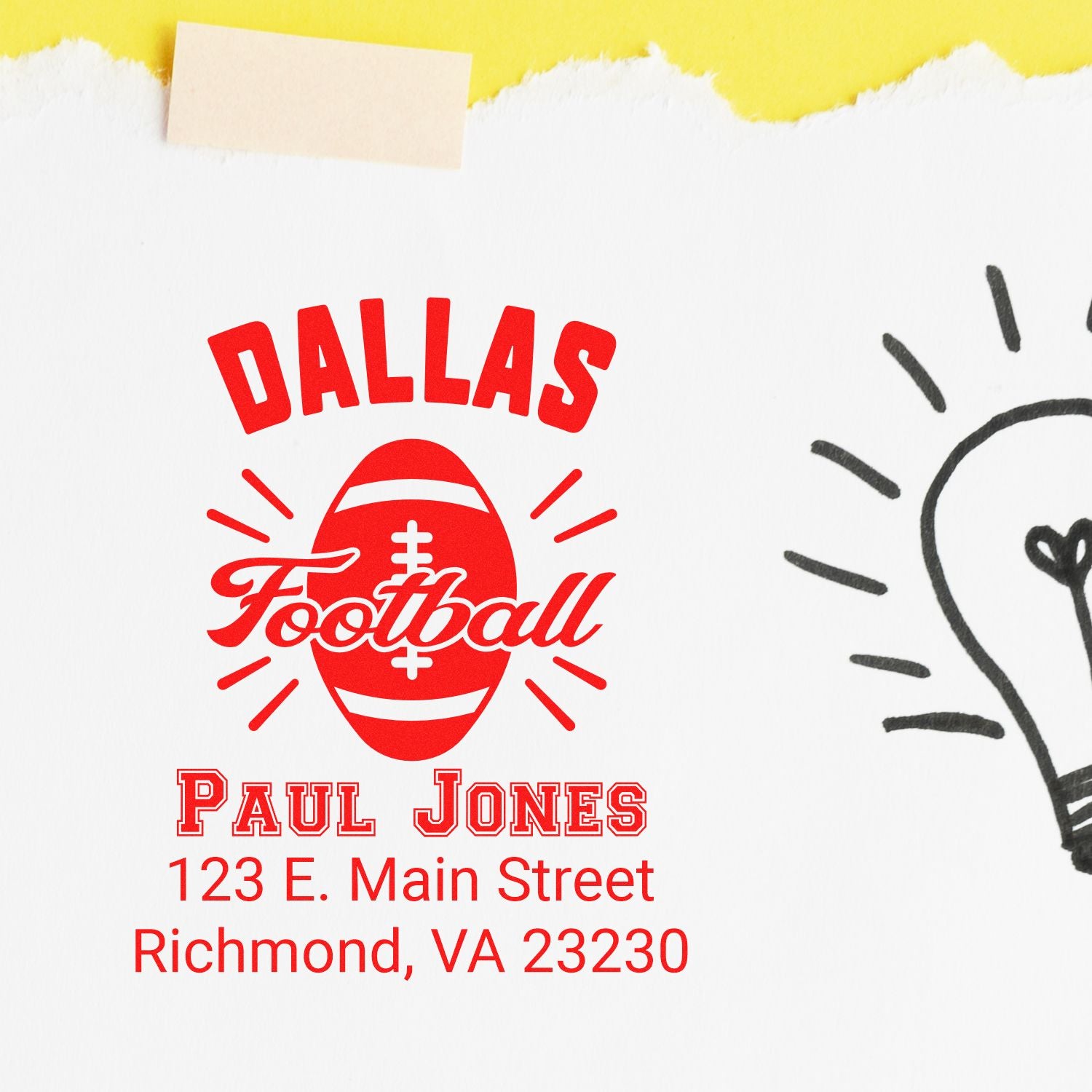 Custom football rubber stamp with Dallas team design, Paul Jones address, Richmond VA return address stamp.