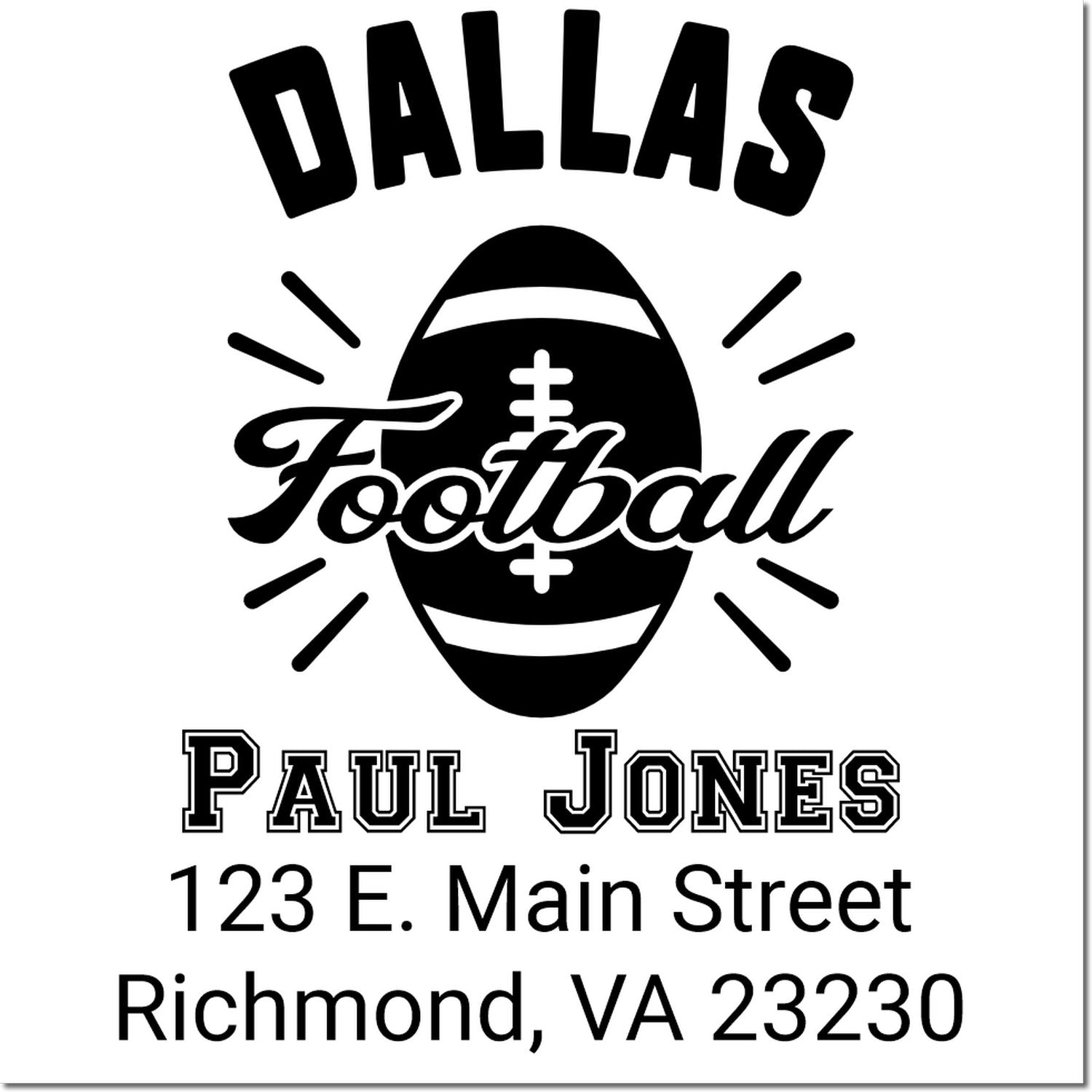 Custom Dallas Football rubber stamp with Paul Jones name, football logo, and Richmond, VA address for team branding.