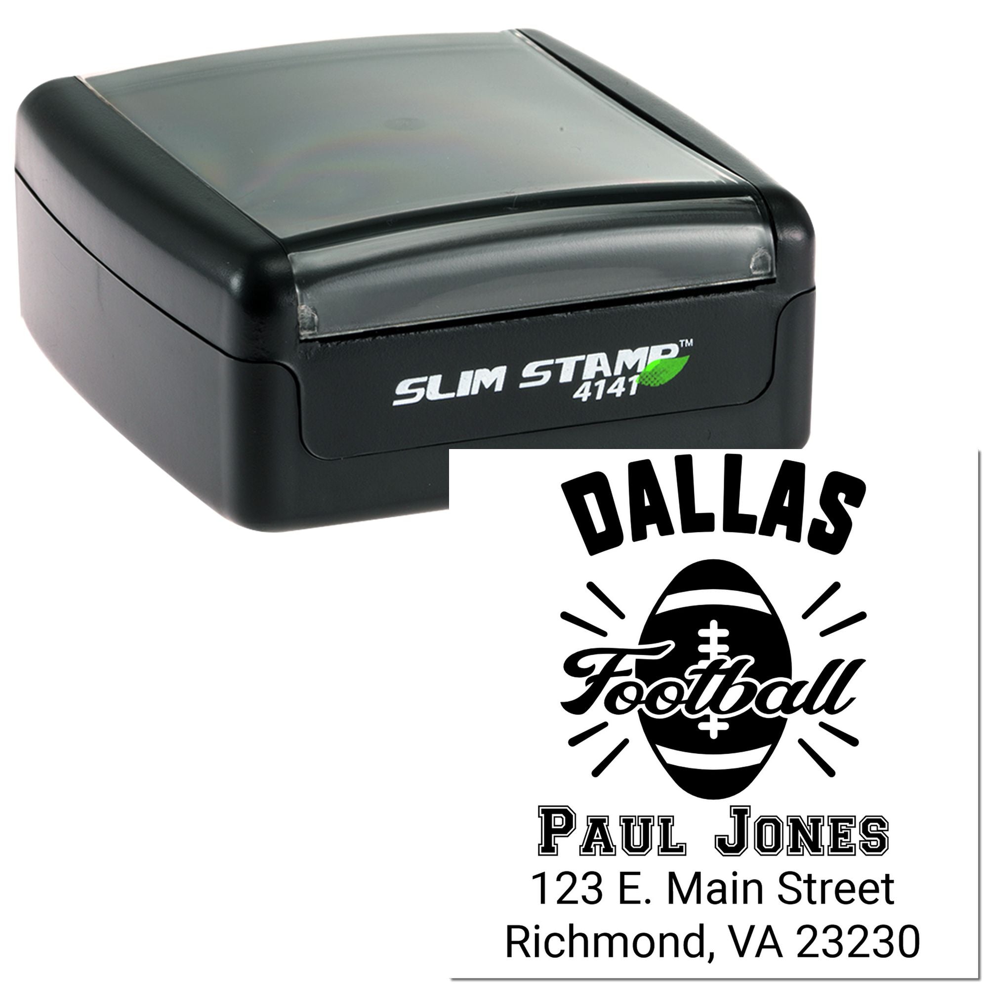 Custom self-inking rubber stamp with Dallas football logo, name, and address for personalized business or team mailings.