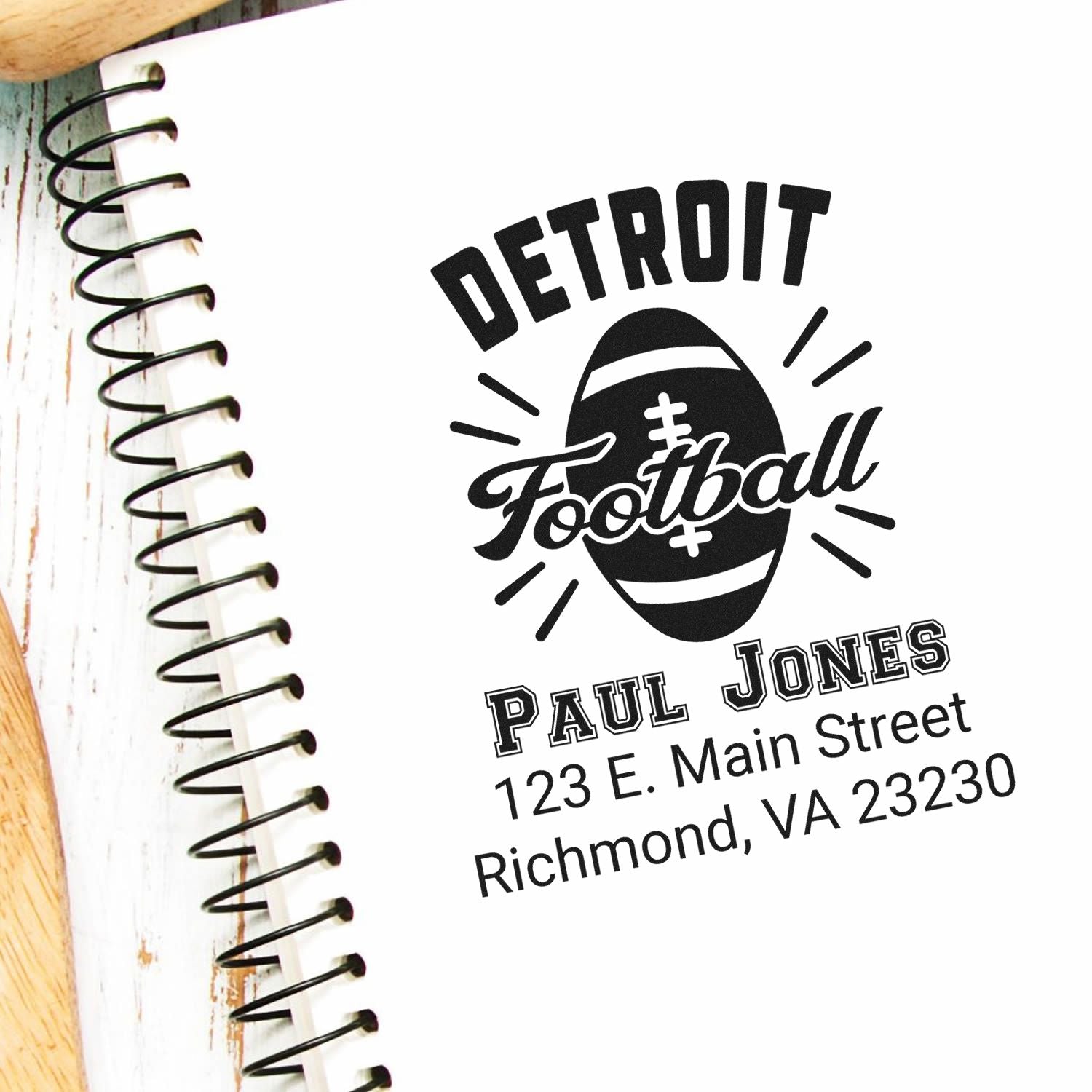 Custom Detroit Football rubber stamp with return address for personalized football fan stationery.