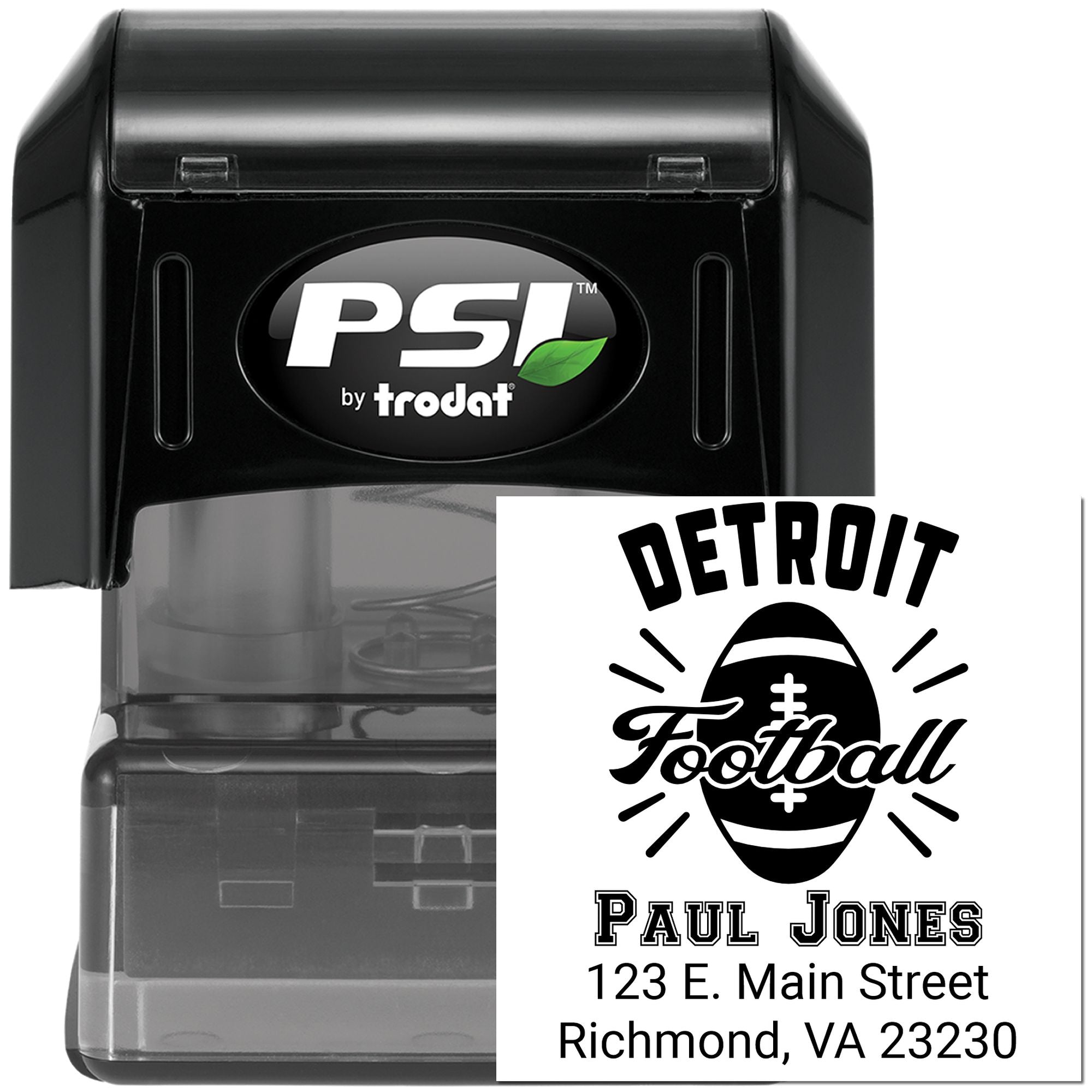 Detroit Football custom self-inking rubber stamp by PSI Trodat with name and address for mailing and fan branding.