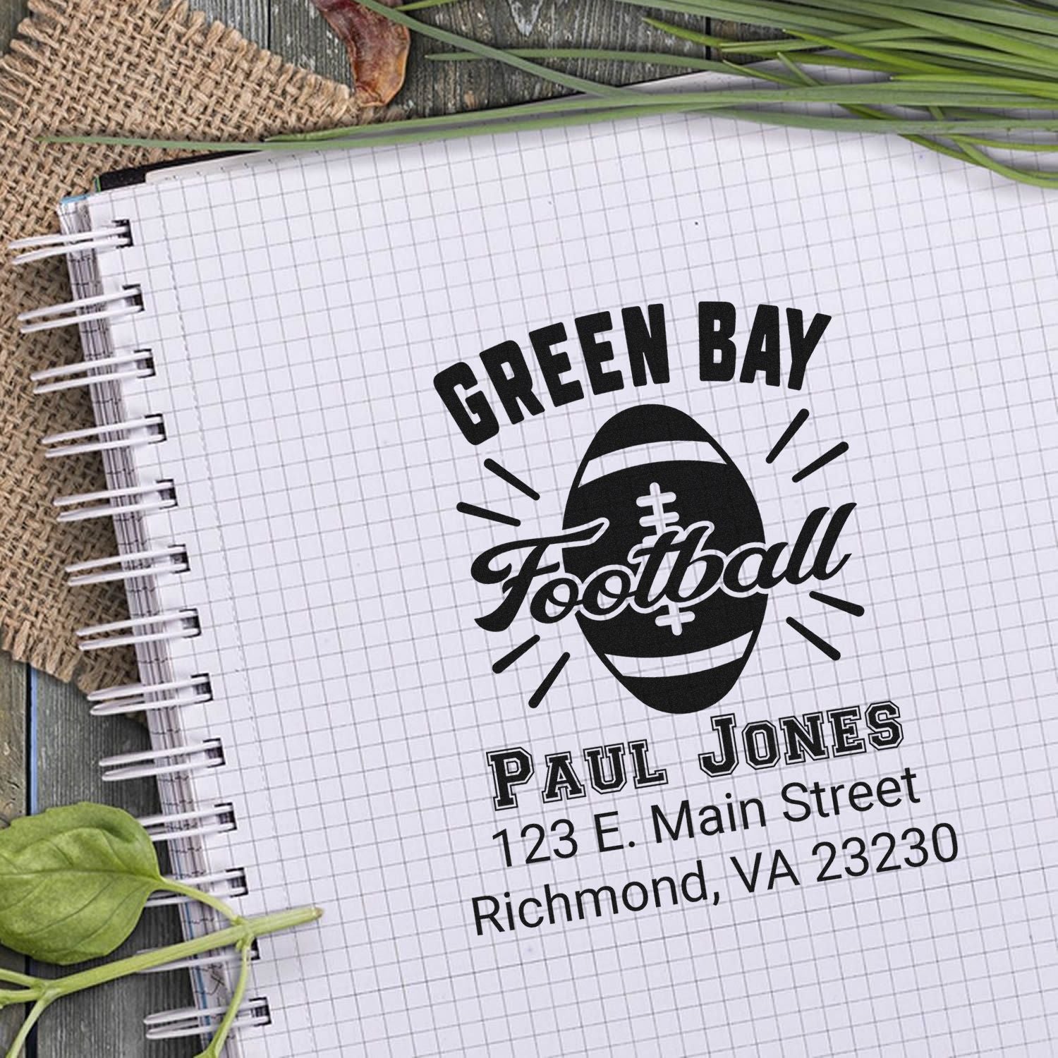 Custom Green Bay Football address stamp with Paul Jones name and Richmond, VA address for personalized mail.