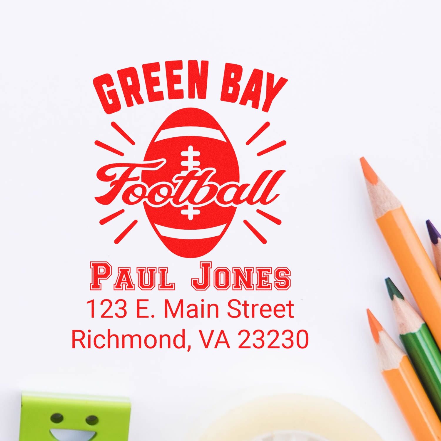 Custom Green Bay Football rubber stamp with Paul Jones name, Richmond VA address, and football logo.