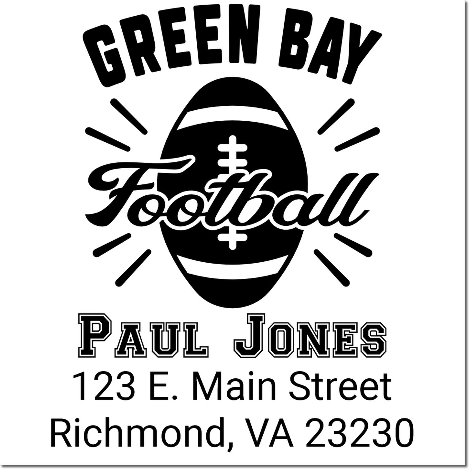 Custom Green Bay Football rubber stamp for Paul Jones, with Richmond, VA address for sports-themed mailing and branding.