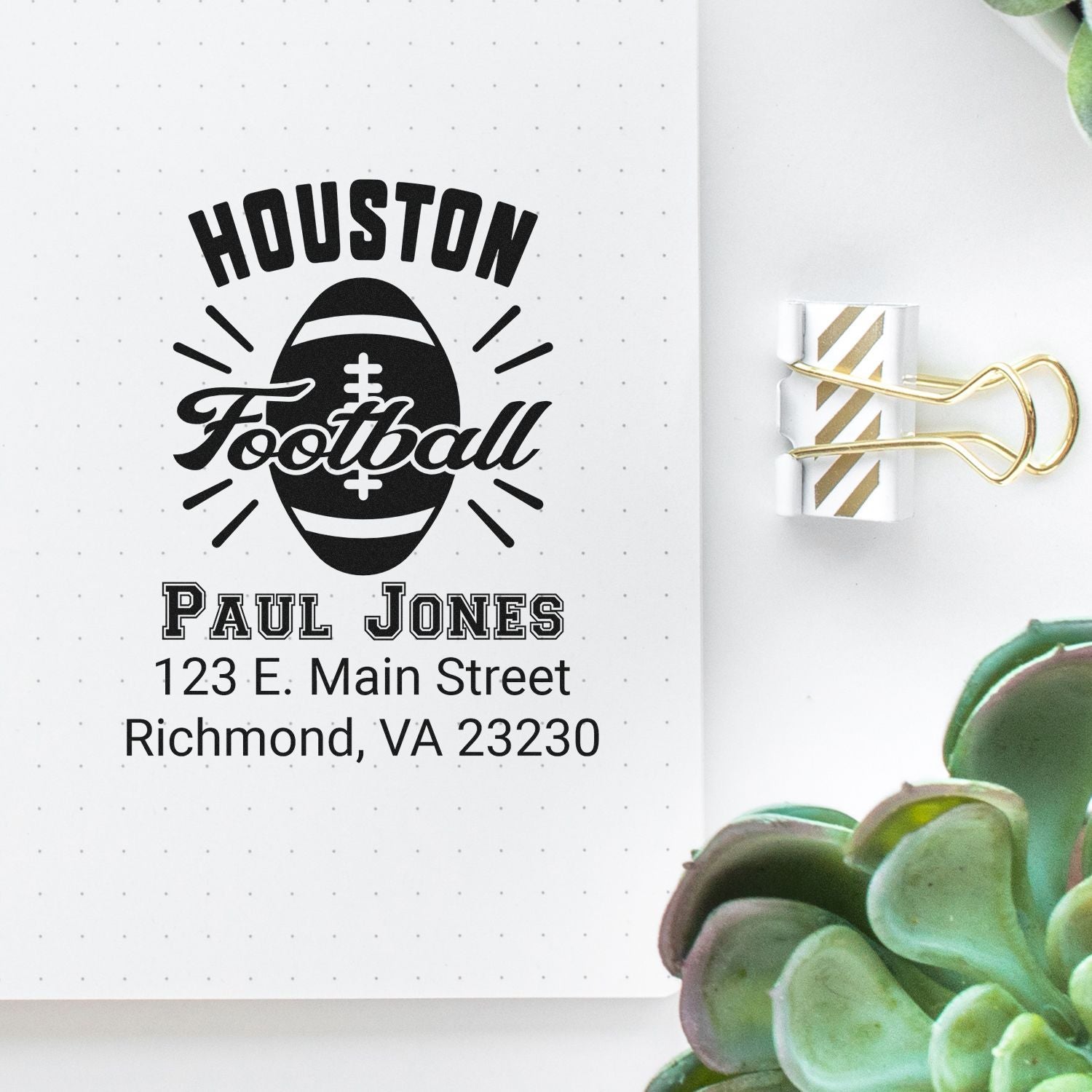 Custom Houston Football rubber stamp with Paul Jones name and Richmond, VA address for team mail and stationery.
