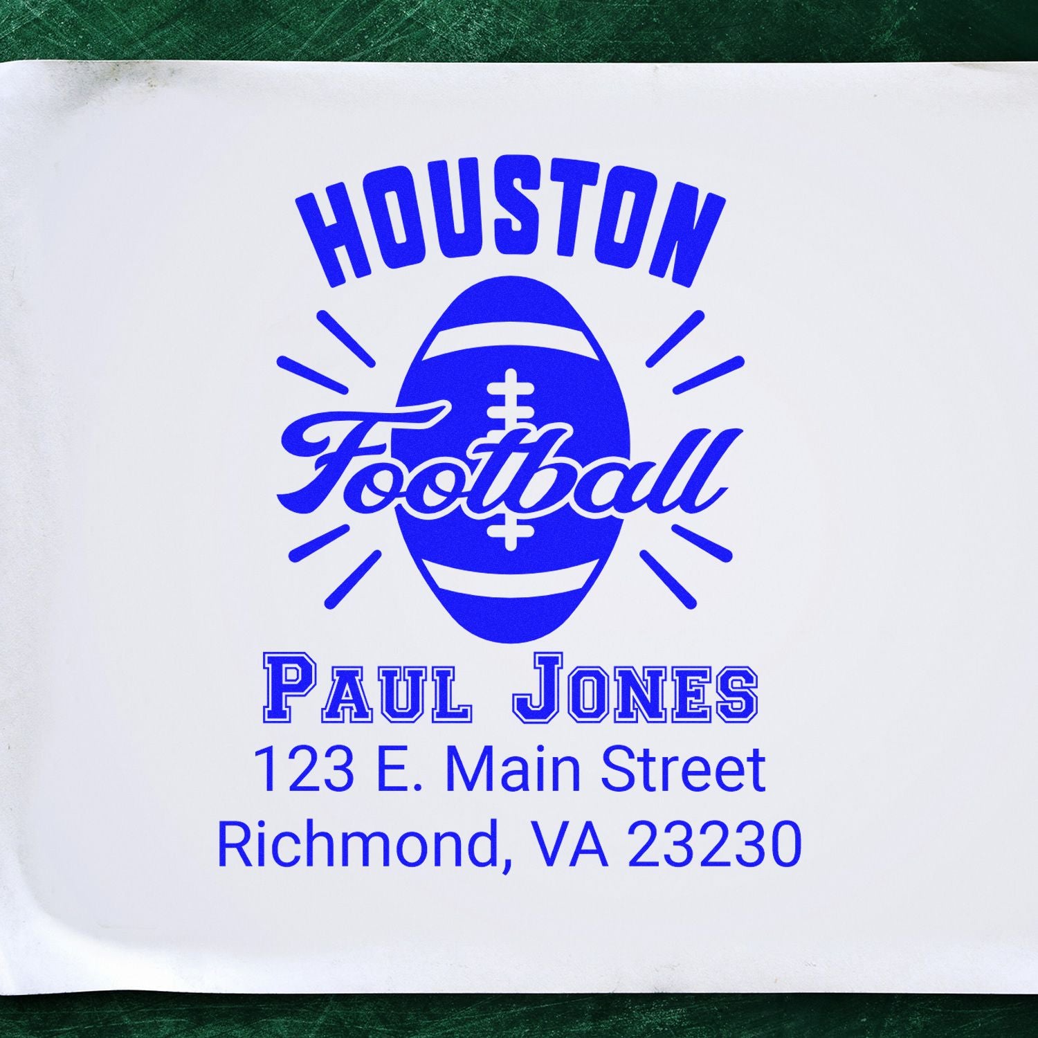 Custom rubber stamp design for Houston Football, Paul Jones, and Richmond, VA address with football logo.