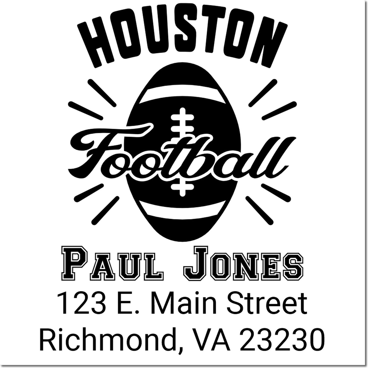 Custom Houston Football rubber stamp for Paul Jones with address, 123 E. Main Street, Richmond, VA 23230.