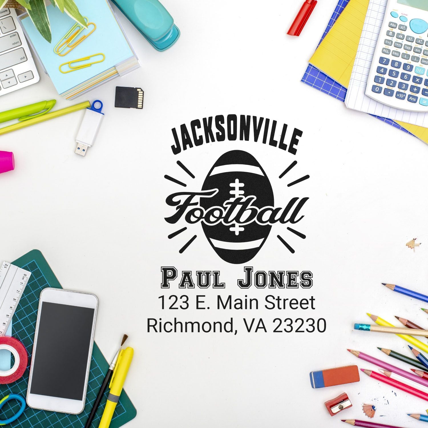 Custom Jacksonville Football address stamp for Paul Jones with Richmond, VA 23230 on a personalized rubber stamp design.